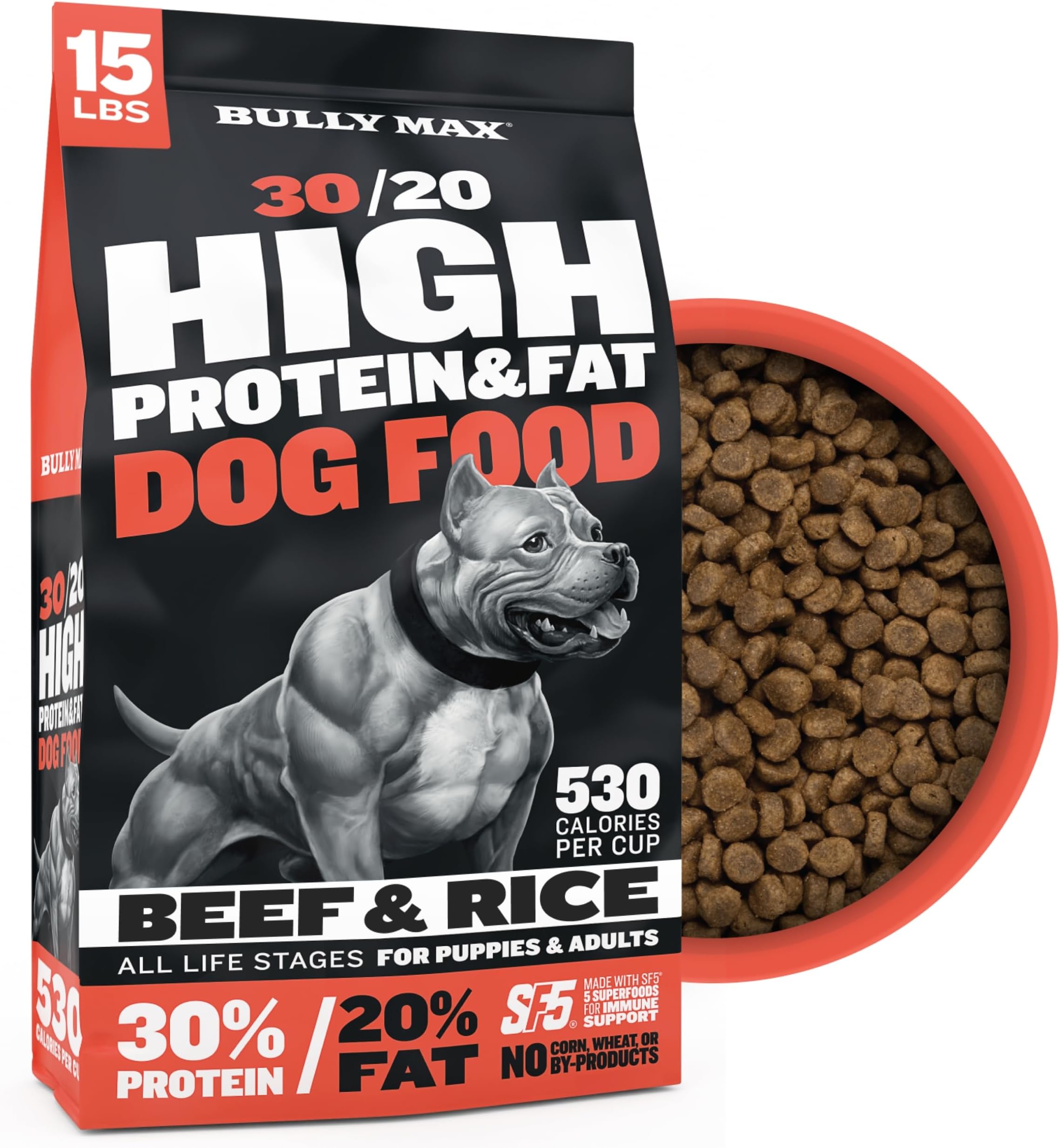 Bully Max Dry Dog Food for Adults & Puppies - High Protein & Fat for Muscle & Weight Gain - High Performance Dog Food Supplements - Small & Large Breed Dogs (530 Calories Per Cup), Beef, 15lb Bag