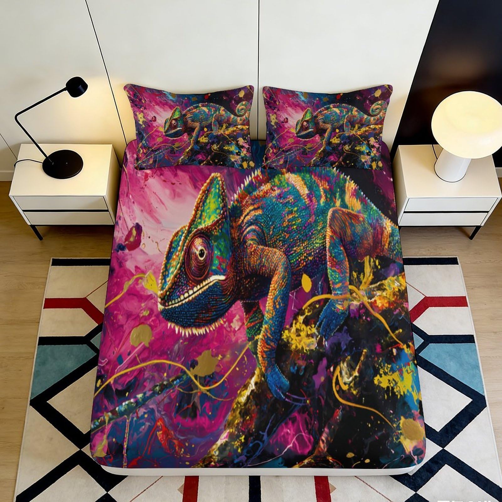 3D Printed Vibrant Chameleon Fitted Sheet Microfiber Colorful Abstract Bed Cover for Bedroom Guest Room Dorm Protection Decor 90x200x25cm