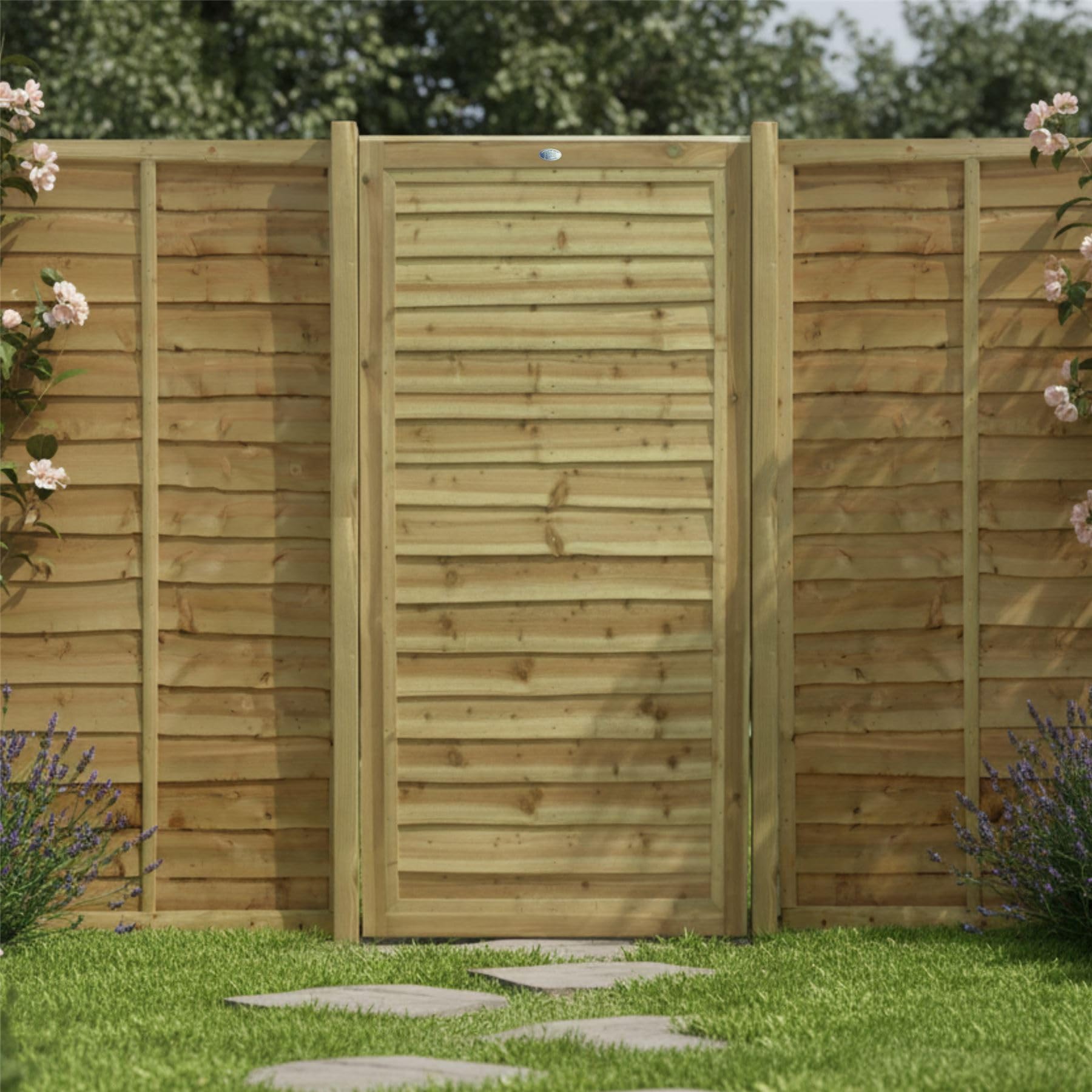 Garden Gate Pressure Treated Waney Larch Lap, Fully Framed Wooden Pedestrian Affordable Timber Garden Door, H:6ft x W:3ft Ideal for Outdoor Pathway Home Access, 180cm High x 90cm Wide