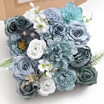 Artificial Flowers Combo Box Set Dusty Blue Silk Floral Arrangements for Wedding Bridal Bouquet, Cake Flowers, Table Centerpieces, Party & Home Decor