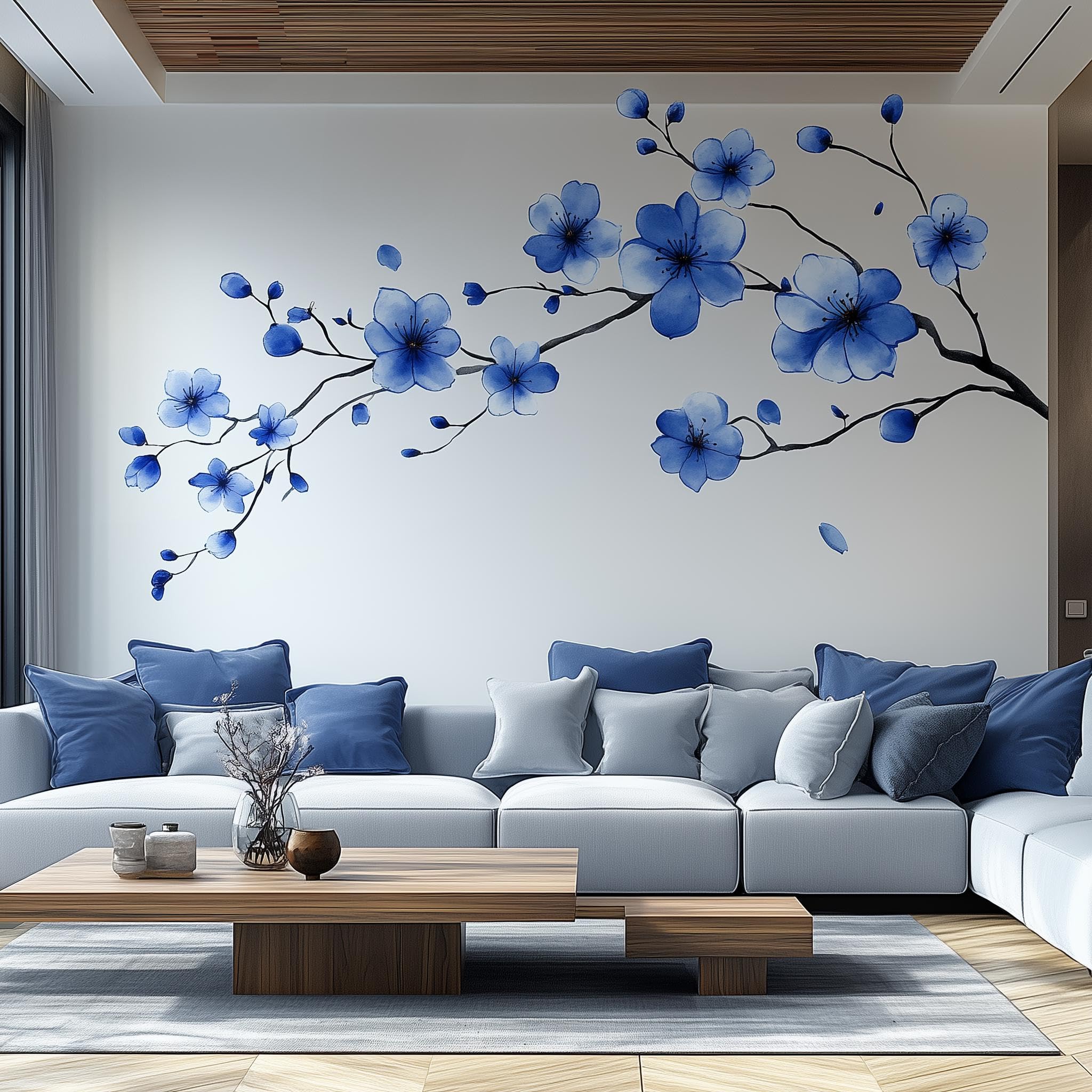 Calcomanía de pared con ramas de flores azules, calcomanía de vinilo floral grande de Sakura, arte natural extraíble para sala de estar, dormitorio, oficina, decoración moderna del hogar