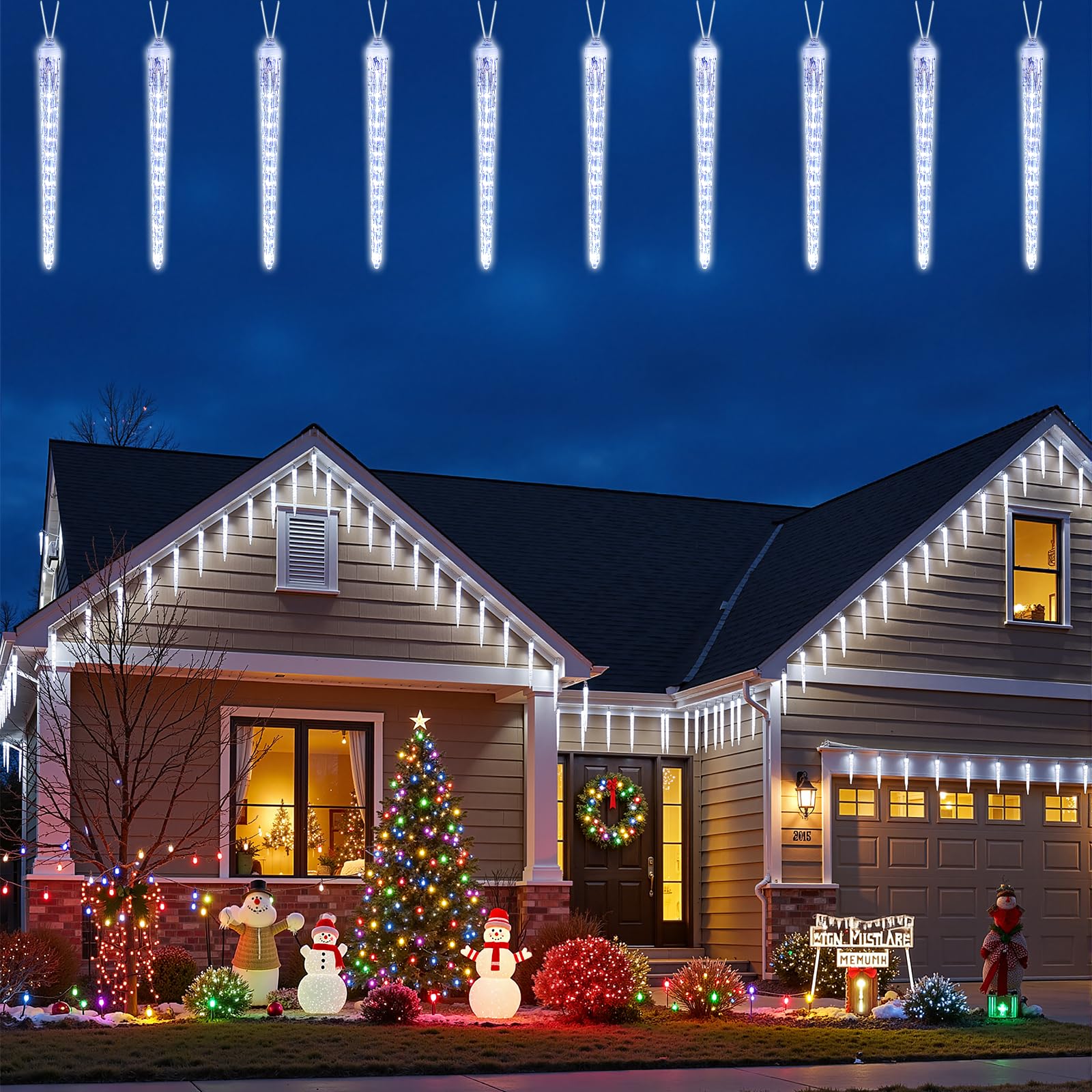 Brightown Christmas Icicle Lights Outdoor, 20ft Meteor Shower Lights with 20 Large Tube 480 LED Dropping Effect, Waterproof Icicle Indoor for Tree Patio Roof Holiday Decor, Cool White