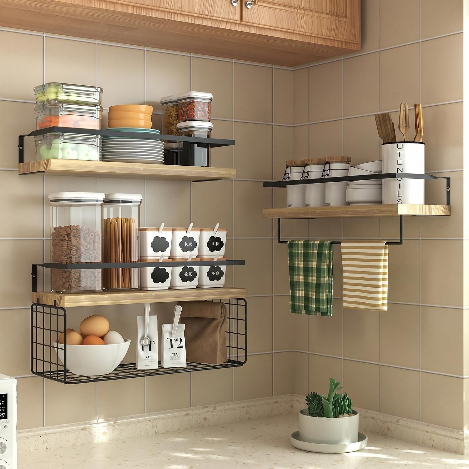 Wood Floating Shelves Wall Mounted - 3+1 Tier Rustic Bathroom Wall Shelves Over Toilet with Wire Storage Basket and Towel Bar, Set of 4 Farmhouse Floating Shelf for Bathroom, Kitchen, Bedroom.