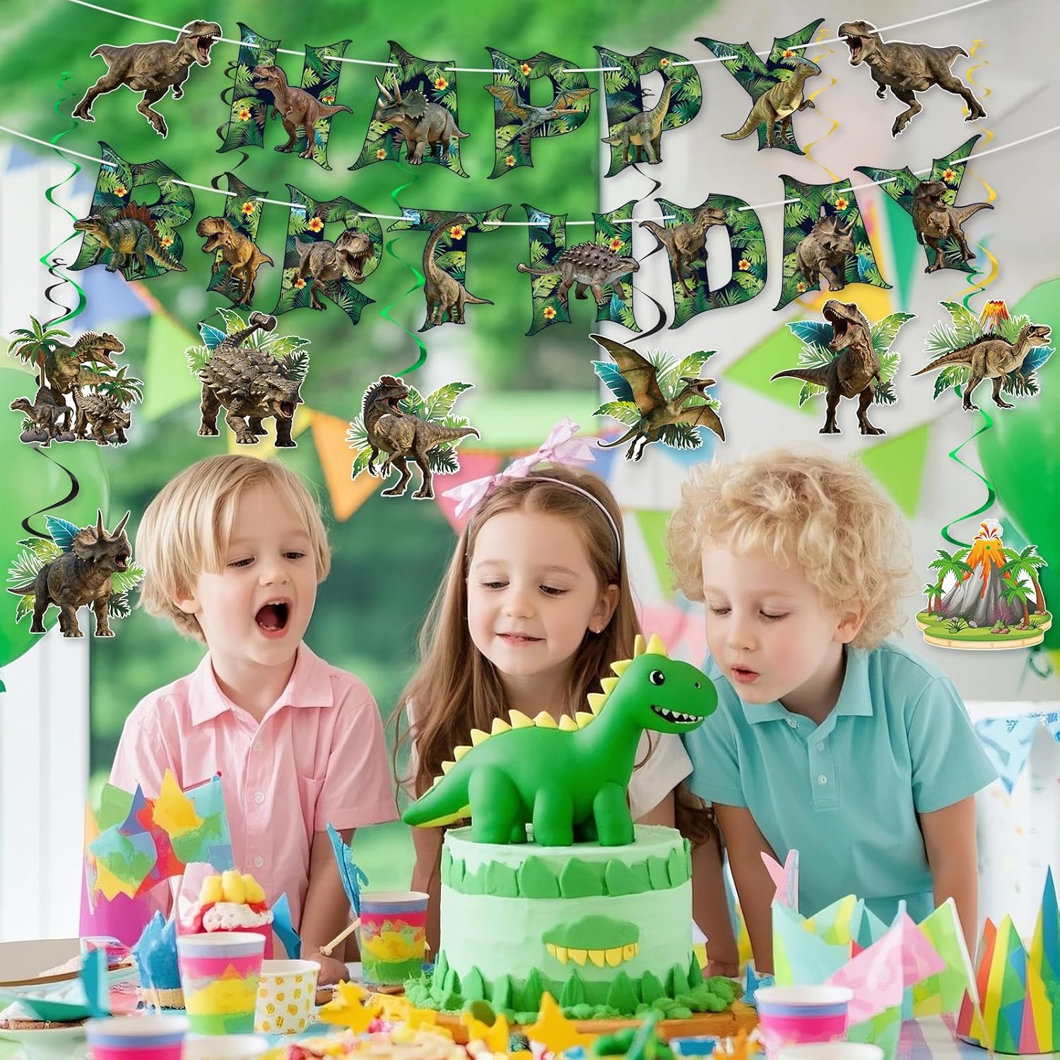 Hooqict Happy Birthday Banner Dinosaur Birthday Decorations with 15Pcs Dinosaur Hanging Swirl Ceiling Streamers for Kids Boys Jungle Safari Green Dino Themed Party Decorations Supplies
