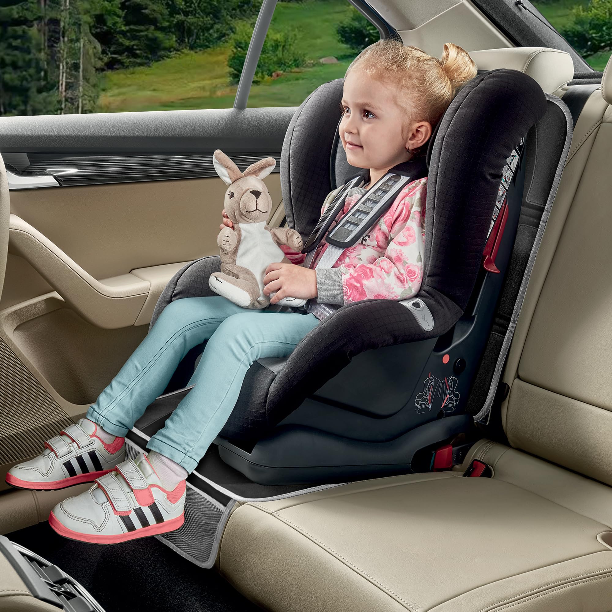 Autositzschoner für Kinderautositz, 2 Stück, Baby-Autositzbezüge mit Netztaschen und rutschfester Unterseite, 600D langlebiger Sitzschutz unter Babyautositz für Auto-Rücksitz (Schwarz & Grau,