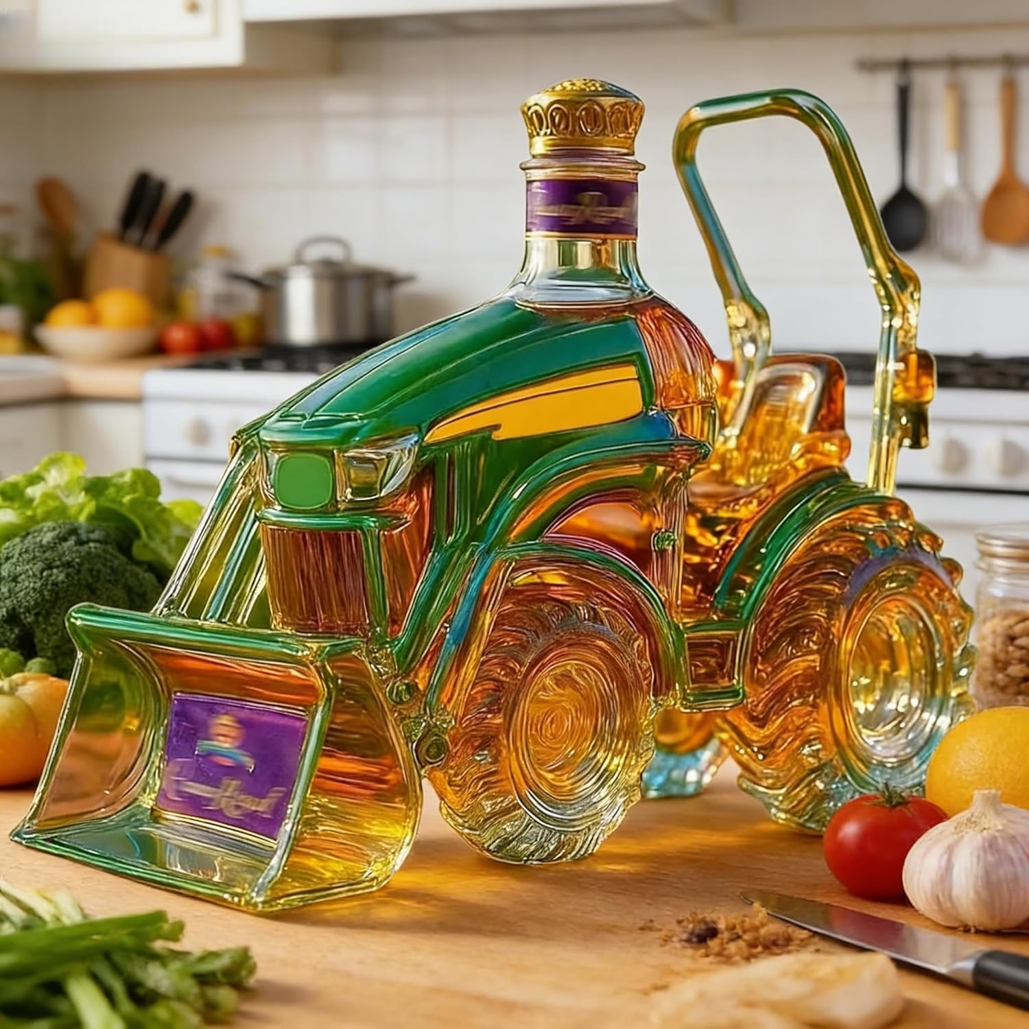 Tractor Shaped Whiskey Decanter, Hand Blown Glass Liquor Bottle, 10oz Novelty Car Theme Wine Storage, Home Bar Decor Gift for Farmers, Alcohol Lovers, Collectors