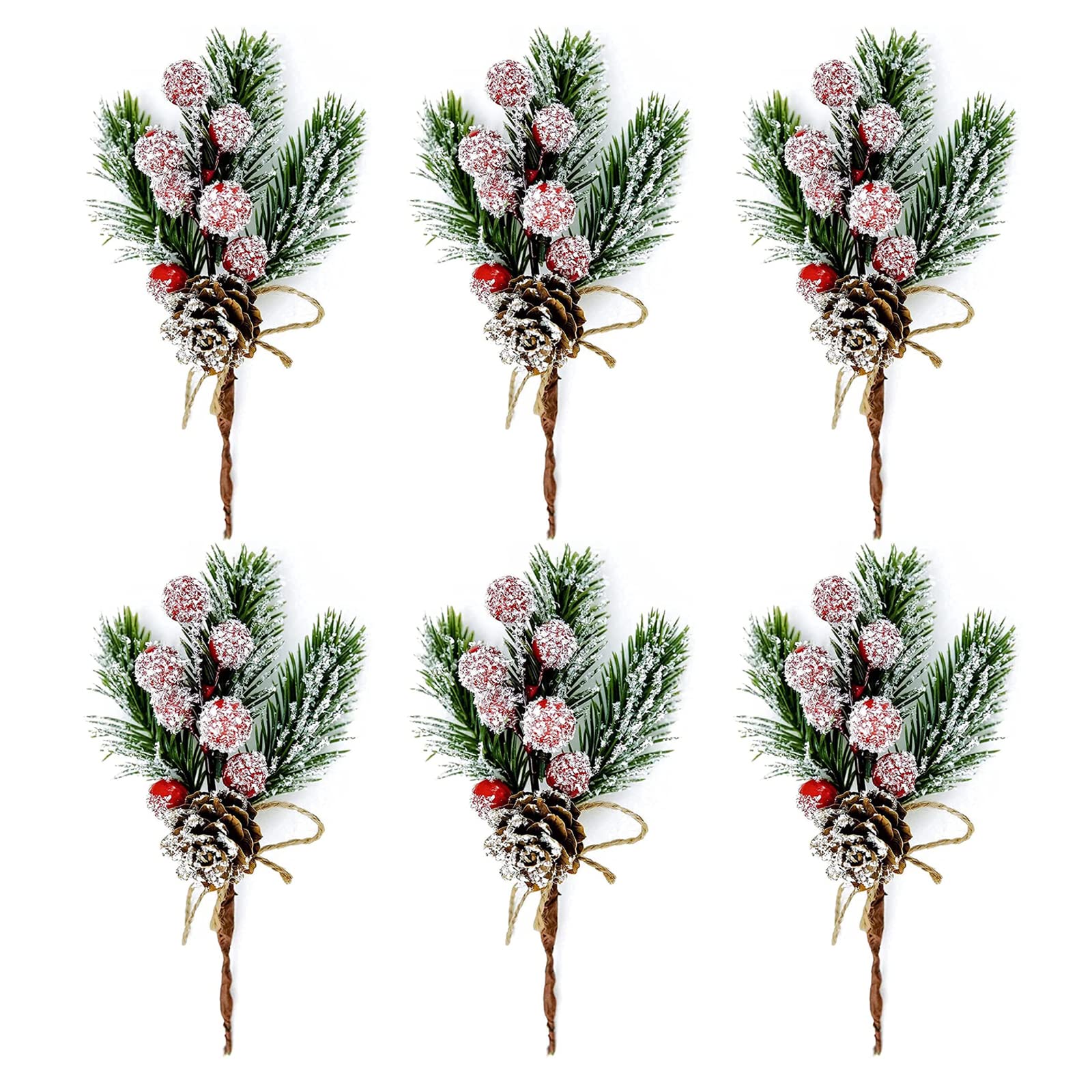 ALHONLY6 Pcs Artificial Christmas Pine Picks Berries Pinecones , Christmas Tree Picks Red Berry Stems Pine Branches Mini Artificial Holly Cone Picks for Winter Holiday Decor Crafts Gifts