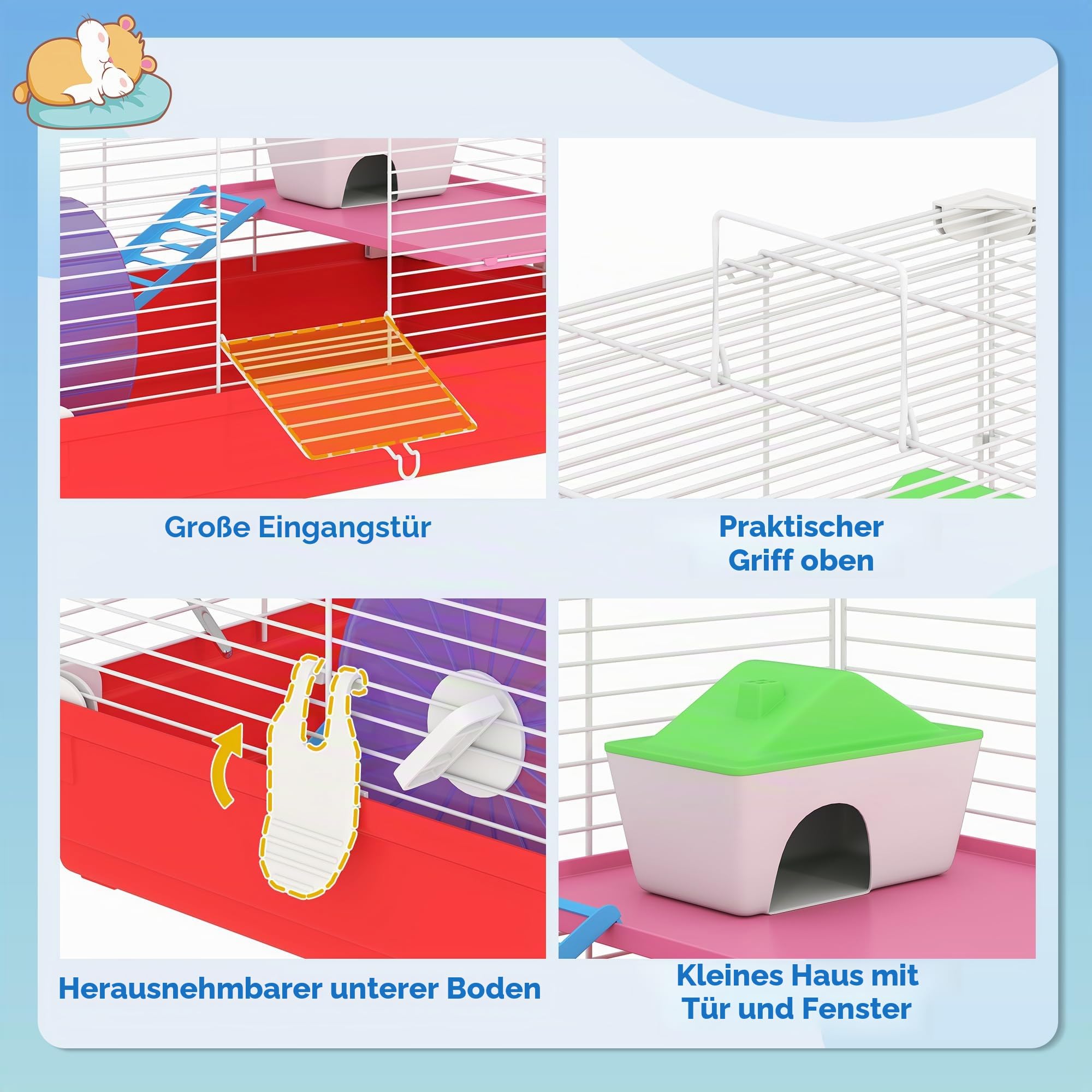 PawHut Hamsterkäfig, Nagetierkäfig, 2 Ebenen, abnehmbare Basis für eine einfache Reinigung, Schuppen, Laufrad, Leiter und Schüssel, 47 x 30 x 27 cm, Weiß und Rot
