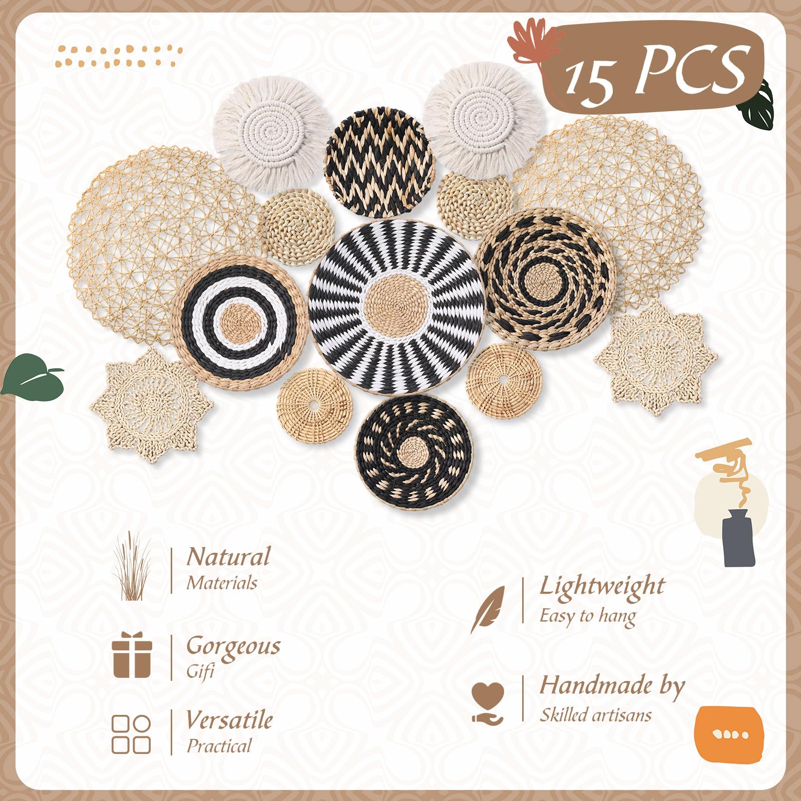 Anglechic 15 Pcs Boho Wall Basket Decor Woven Rattan Seagrass Wall Decor Hanging Rustic Farmhouse Western Wall Art Decoration for Nursery Living Room Bedroom Home Kitchen(Black)