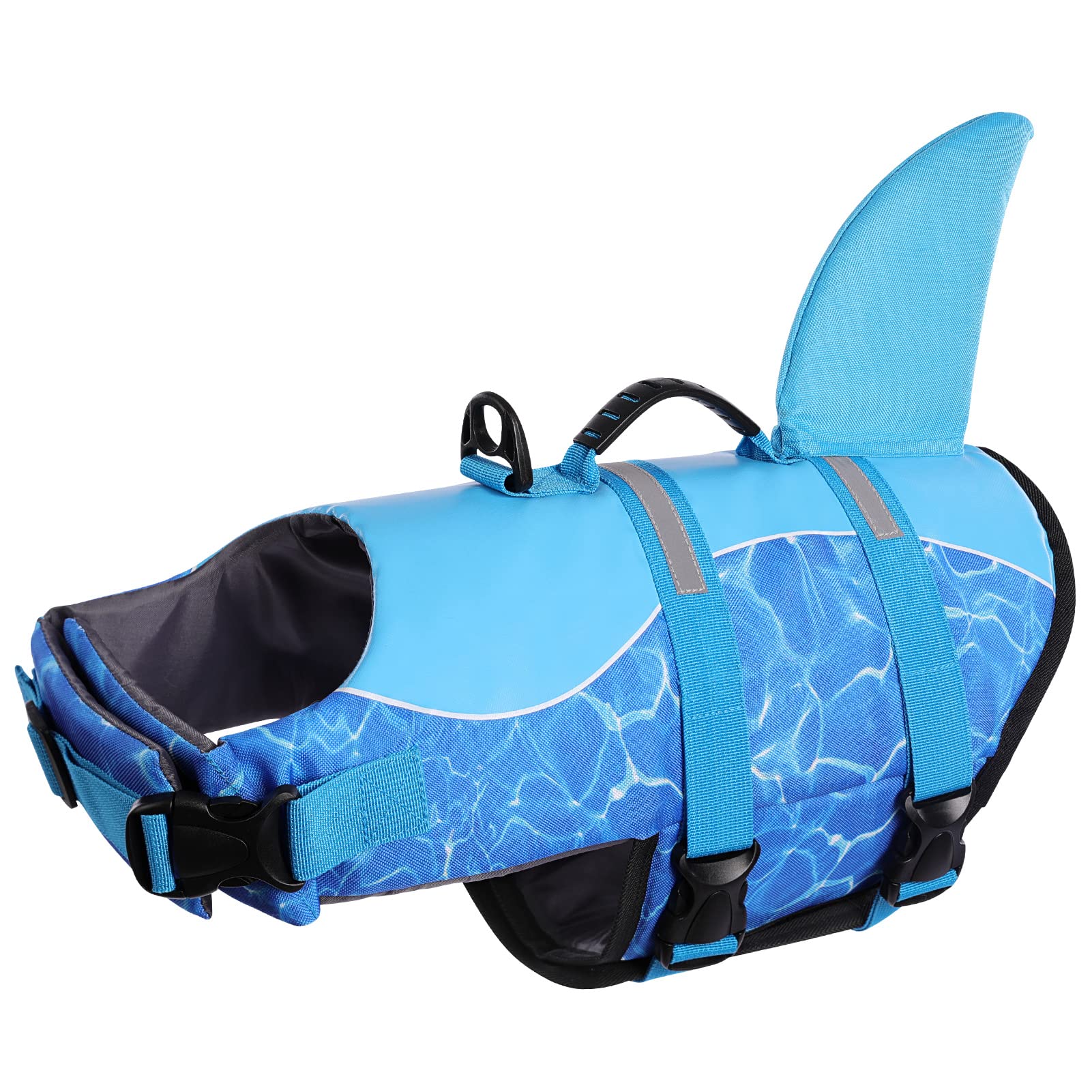Queenmore Shark Dog Life Jacket - High Buoyant Swimming Vest, Adjustable Easy-On for Small, Medium, Large Dogs (Blue, XL)