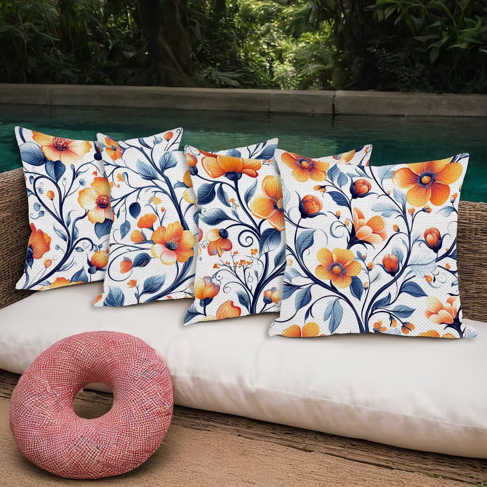 Outdoor Kissenbezug 65x65cm 4er Set Outdoor Wetterfest Kissenbezüge Bunte Wasserdichte Leinen Dekorative Kissenhülle Frühling Sommer Zierkissenbezug für Balkon Terrasse Bett Garten Deko (Anlage) Y-74