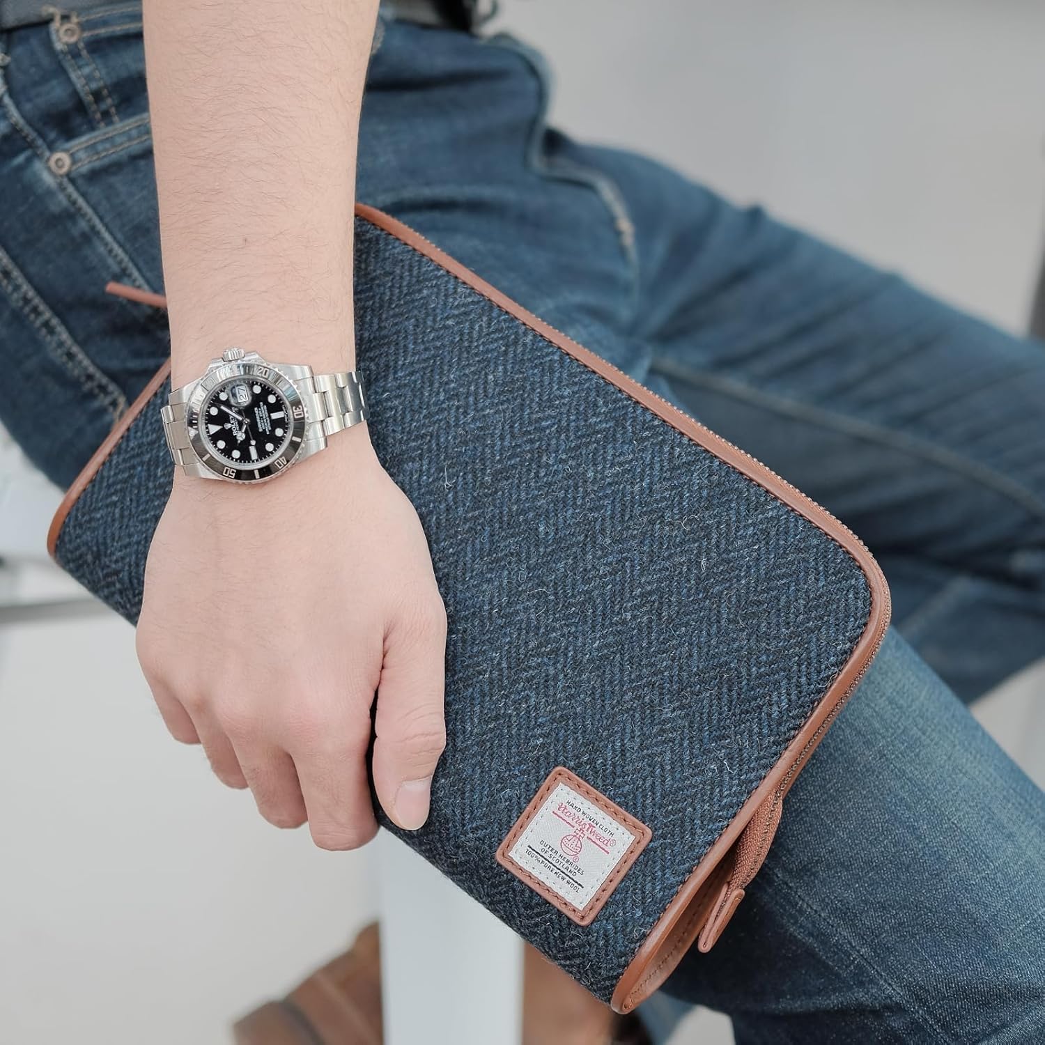 TAILORMAP Harris Tweed Wool Leather Clutch Bag for Men Handbag Wrist Bag Business Large Purse Envelope Bag (Blue)
