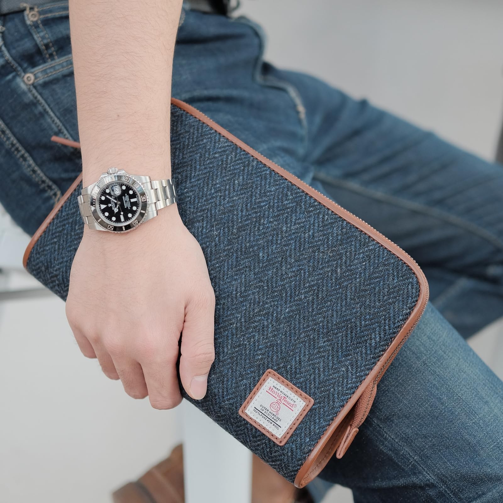 TAILORMAP Harris Tweed - Pochette da uomo in lana e pelle, borsa da polso da lavoro, grande borsa a busta