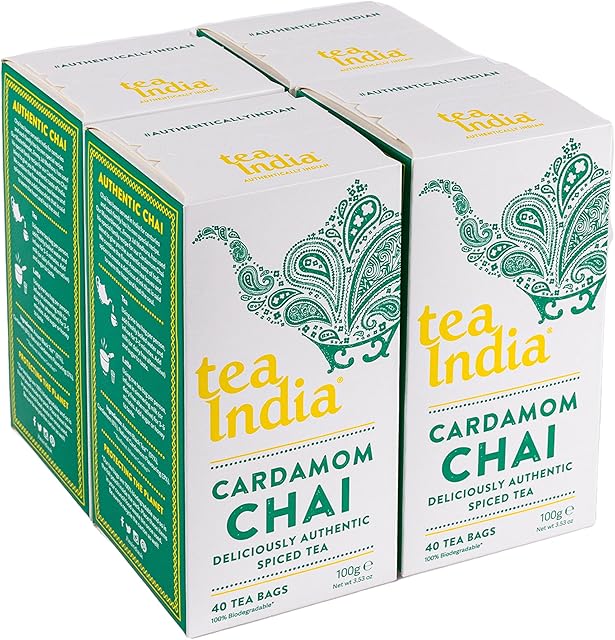 Tea India Cardamom Chai 160 Tea Bags (4 Packs of 40 Biodegradable Tea Bags) Rainforest Alliance Certified Cardamom Chai Tea Bags