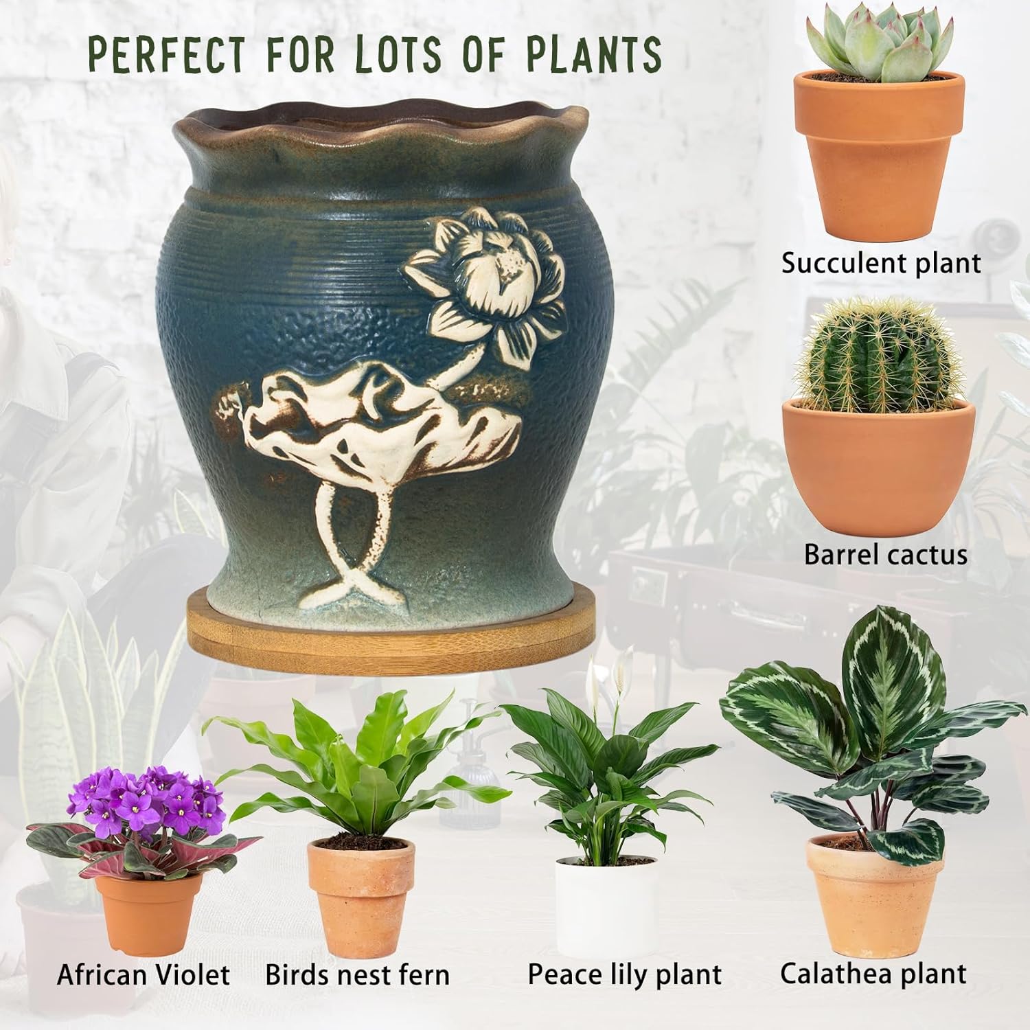ARTKETTY 4 Inch Ceramic Plant Pots with Drainage Hole Set of 4, Vintage Flower Pots with Bamboo Trays Small Planters for Indoor Cactus, Herbs and Succulent Plants Decorative Garden Home