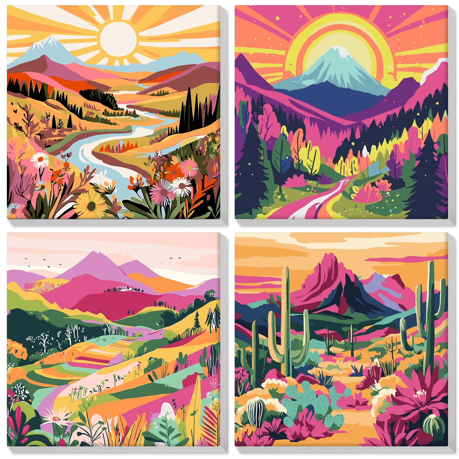 Lxmsja 4 Pack Pintar por Numeros Adultos Paisaje con Marco, DIY Cuadros para Pintar por Números Paisaje, Pintar con Numeros Adultos Niños Lienzos, Pintura Acrilica Manualidades Adultos Niña, 20x20cm