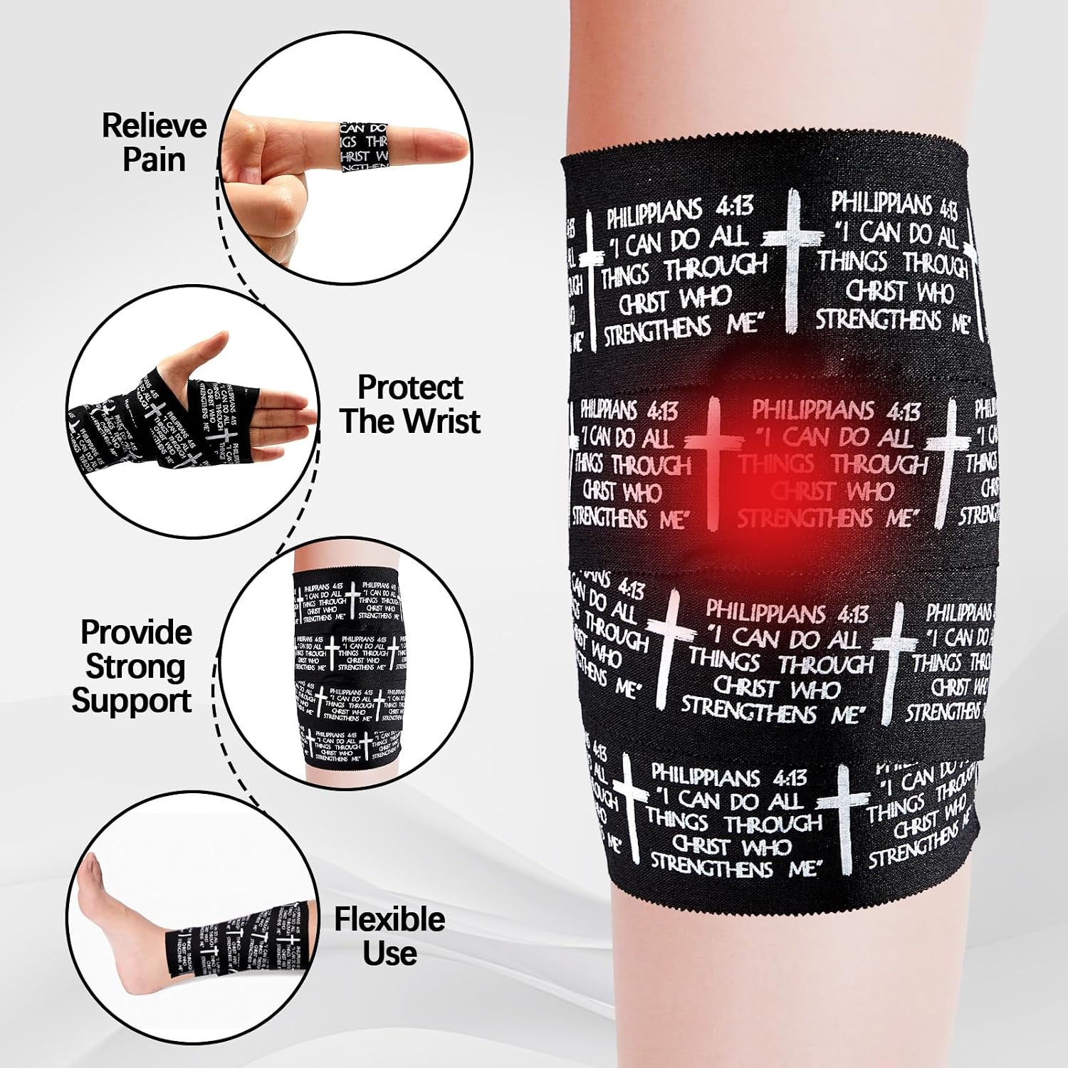 2Pcs Christian Athletic Tapes 2in x 23ft Black Cotton Zinc Oxide Sport Tape Faith Cross Sports Wristbands Religious Bible Verse Wrist Tape for Football Baseball Gymnastic Boxing First Aid Injury Wrap