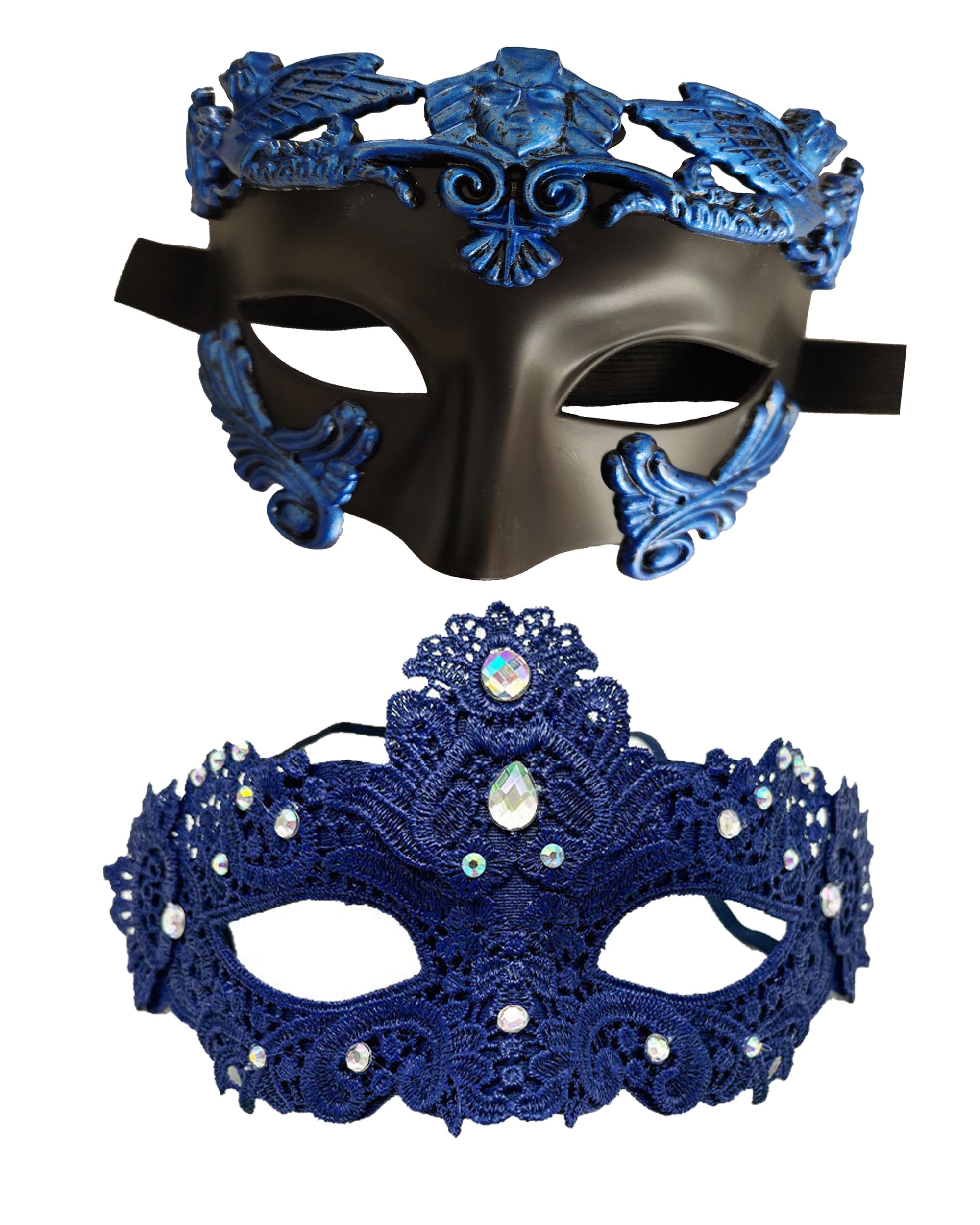HeHeGe Couple's Masquerade Masks Lace Rhinestone Roman Greek Venetian Style for Prom Mardi Gras Wedding Halloween Party (blue)