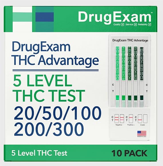 10 Pack - DrugExam Multi Level (THC) Test 20 ng/mL, 50 ng/mL, 100 ng/mL, 200 ng/mL, 300 ng/mL Urine Test. Urine Test Strips.