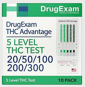 10 Pack - DrugExam Multi Level THC Test 20 ng/mL, 50 ng/mL, 100 ng/mL, 200 ng/mL, 300 ng/mL Urine Test. Urine Test Strips.