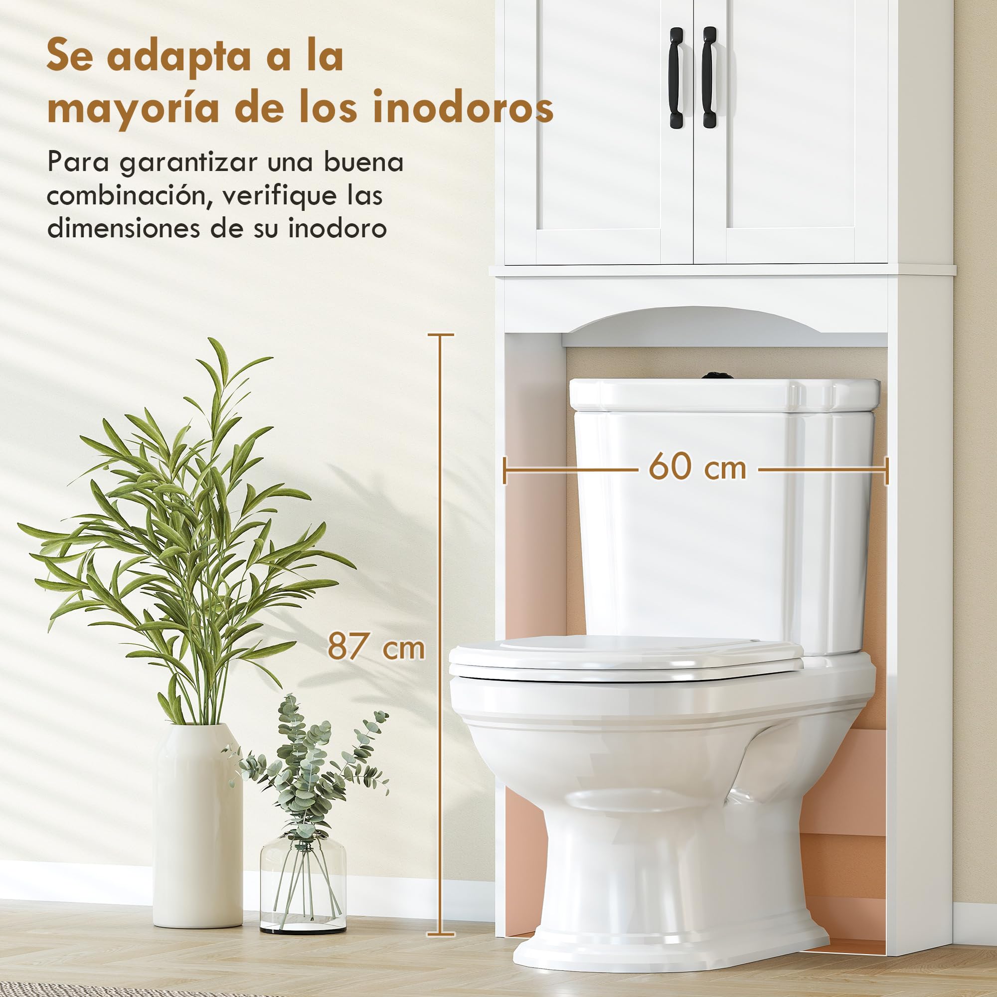 HOMCOM Mueble sobre Inodoro, Armario sobre Inodoro, Mueble de Baño con 2 Puertas de Cierre Silencioso, Estante Abierto para Lavanderías, Espacios Pequeños, 64x21x173,5 cm, Blanco
