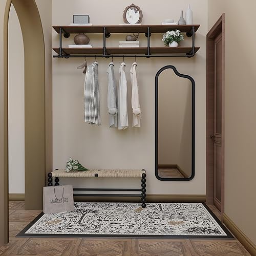 Vista 25 de Perchero industrial de tubería con estante superior, estante de ropa montado en la pared que ahorra espacio de 2 niveles, estante con barra