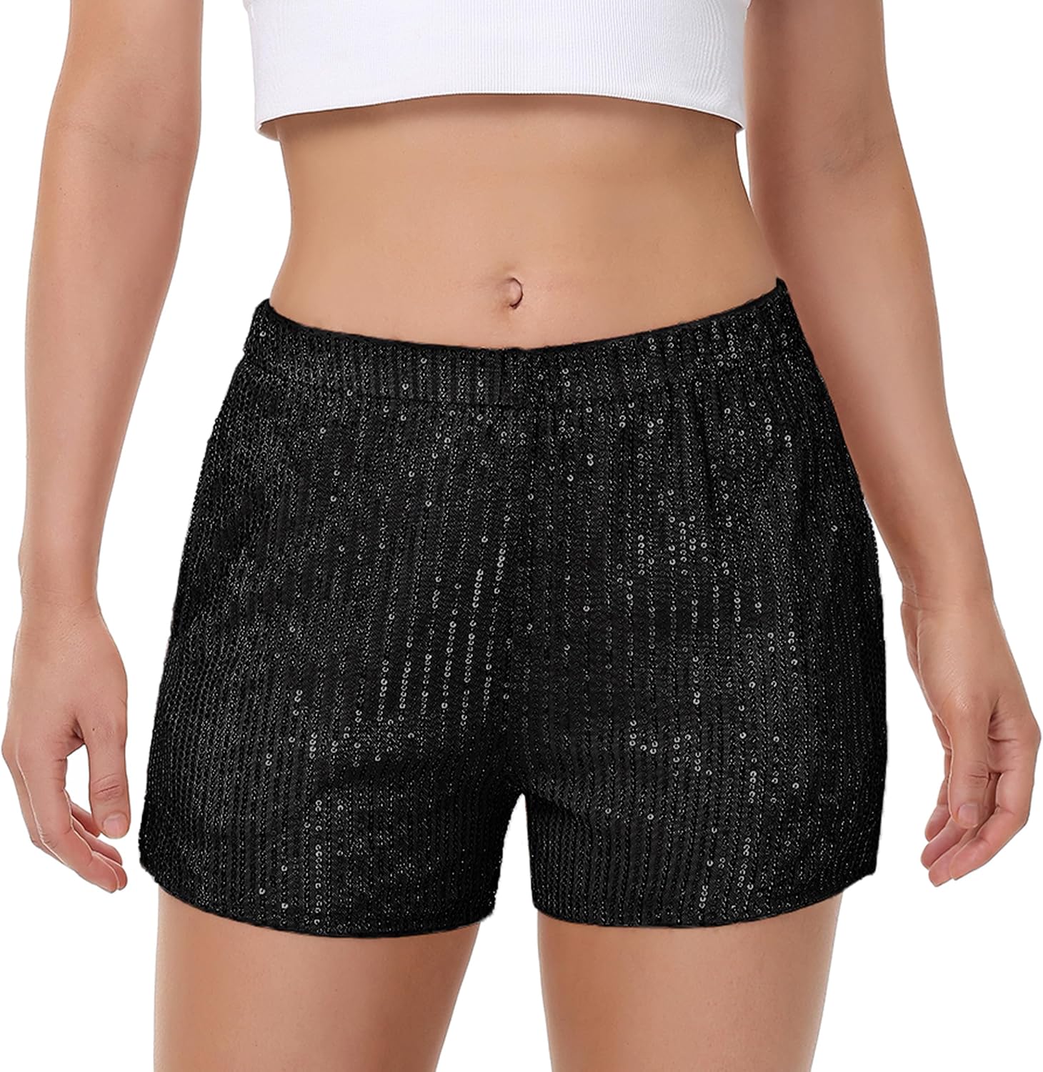 Anna-Kaci Women's Sparkly Sequin Shorts Elastic Waist Summer Straight Leg Glitter Party Shorts - Image 2
