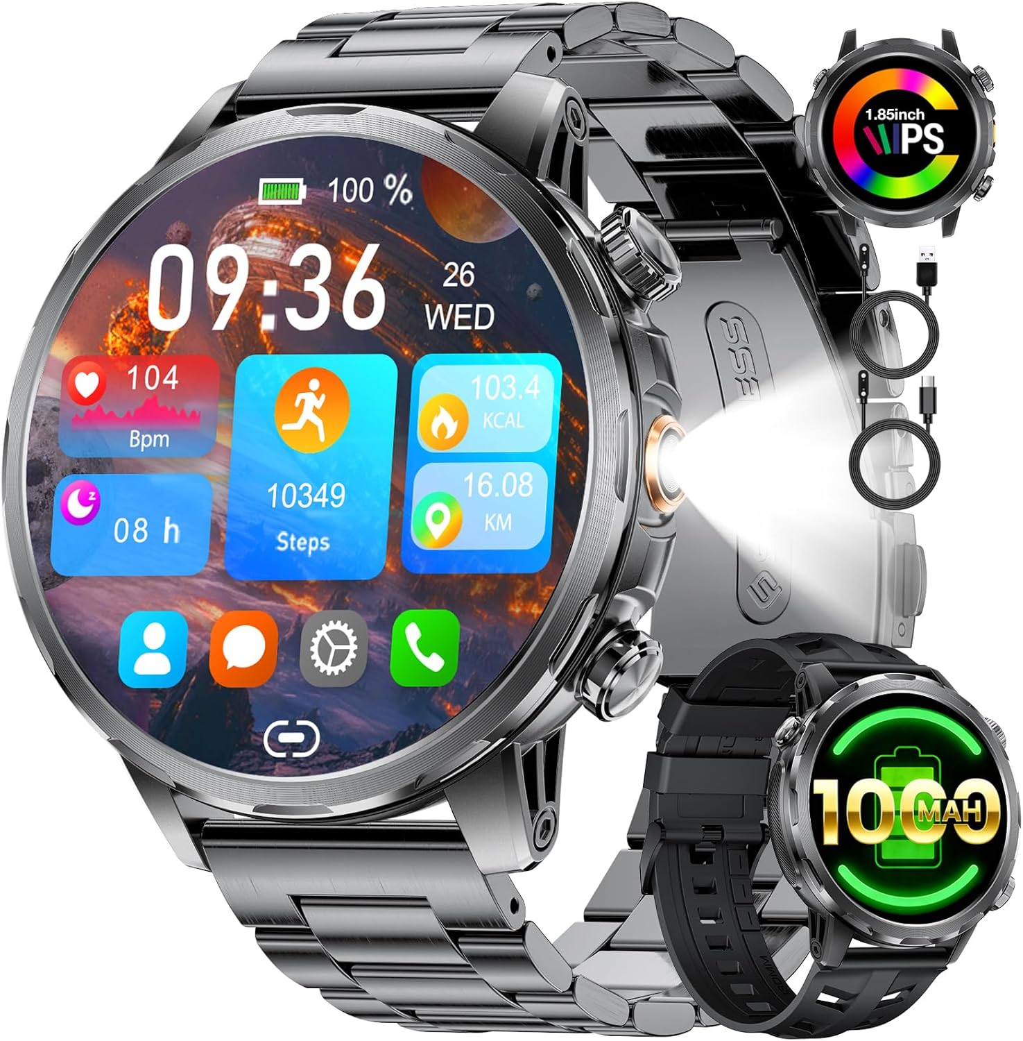 LIGE 1000 mAh Men’s Military Smartwatch, 1.85 Inch Smart Watch with Bluetooth Calling, 100 + Sports Modes, LED Flashlight Fitness Watch, Sleep/Heart Rate Monitor, IP68 Watch, Android iOS, Black