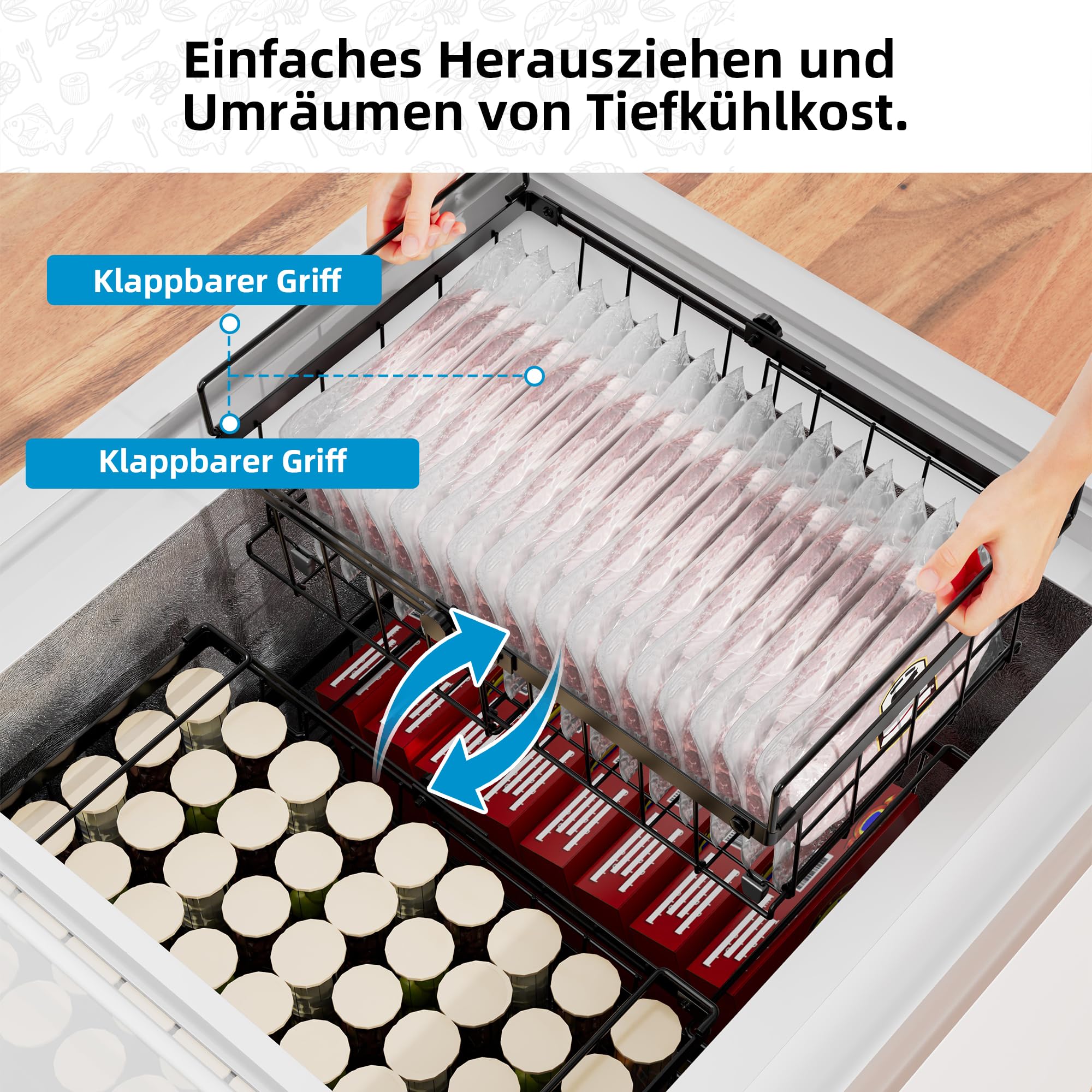 4er Stapelbar Gefriertruhe korb,gefriertruhe organizer verstellbar,gefrierschrank organizer,stapelkörbe,Schwarz, Ausziehbare Länge 29-46CM