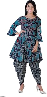 Women's Rayon Blue Printed Flared Kurti With Dhoti Pant