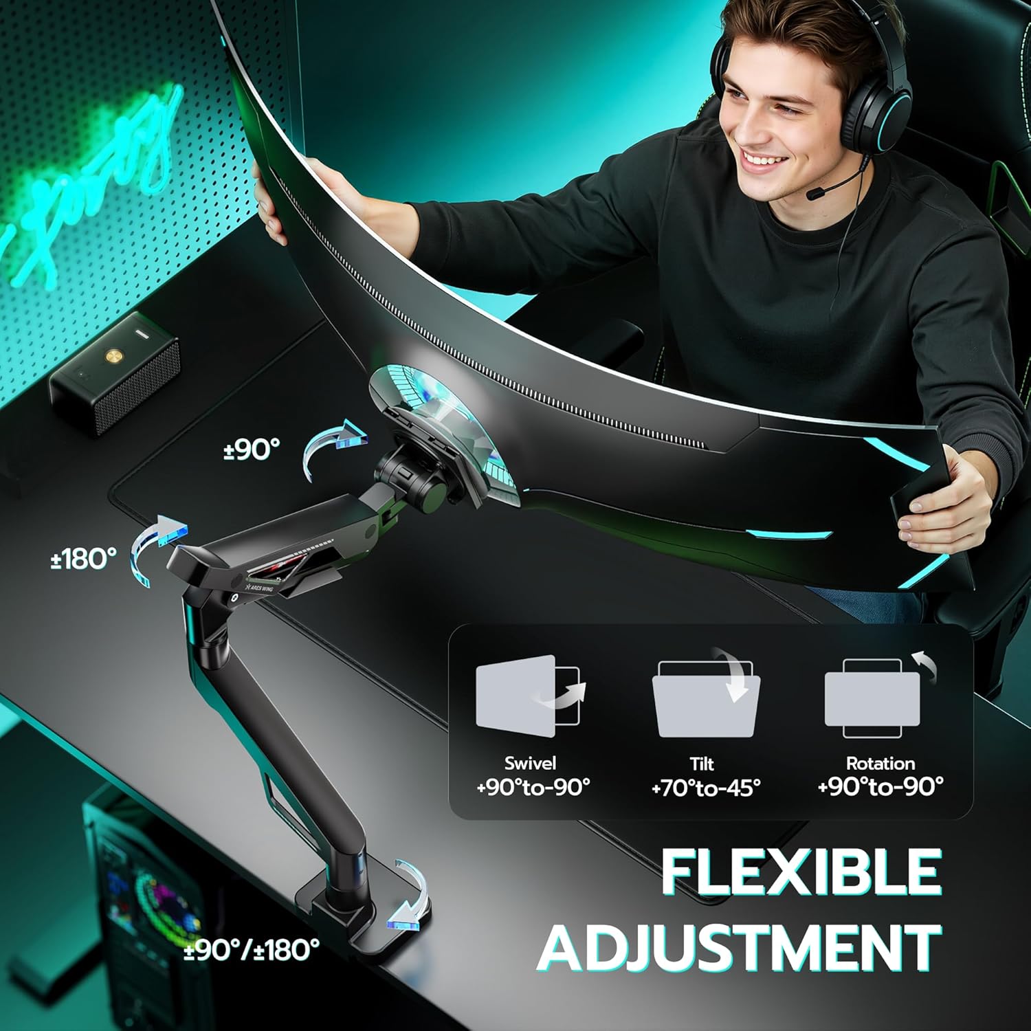 ARES WING Premium Monitor Arm, Ultrawide Monitor Stand up to 57” and 66 Lbs, Gas Sprinq Monitor Mount Height Adjustable and Extension Monitor Stand for Desk Various VESA Mount with Clamp/Grommet Base