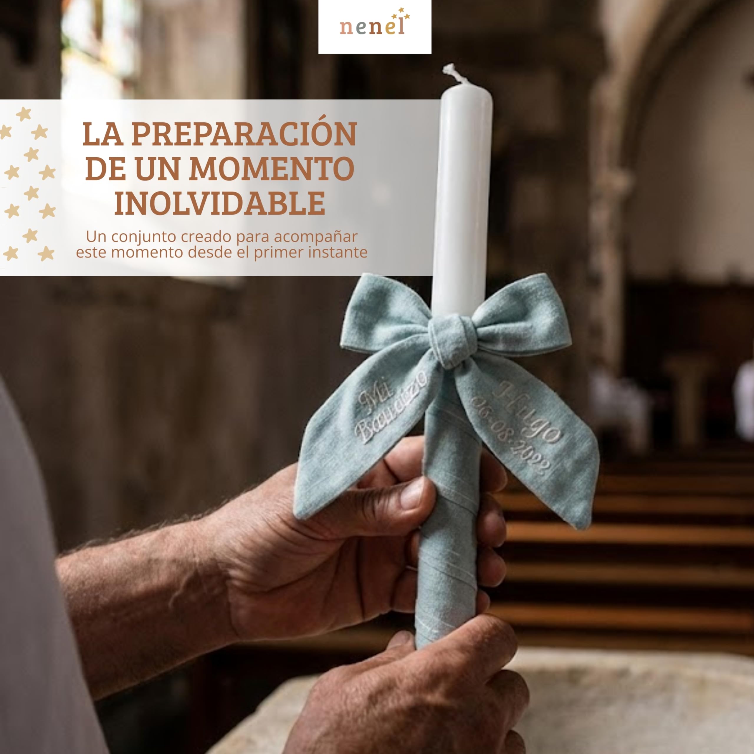 Vela para Bautizo personalizada - Vela Bautismal Personalizable con nombre y fecha – Cirio sacramental decorado - Cirio de Bautizo - Modelo Bambula – Nenel (Verde Menta)