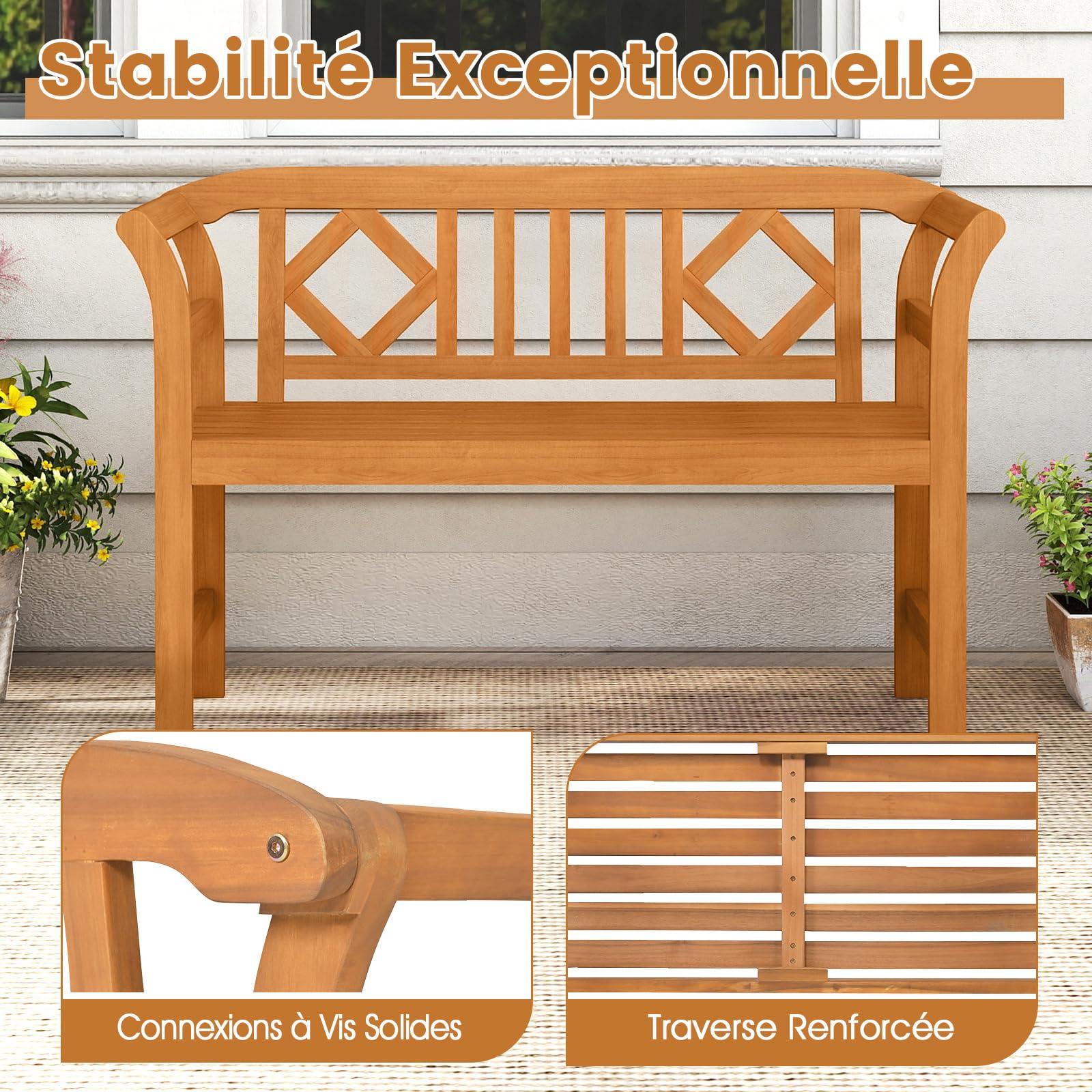 COSTWAY Banc de Jardin en Bois d'Acacia, Banc Exterieur Jardin à 2 Places, Dossier à Motif Géométrique, Accoudoirs, Banquette pour Balcon Porche Piscine, Charge 360 kg, 118 × 50 × 78,5 cm (Style 2)