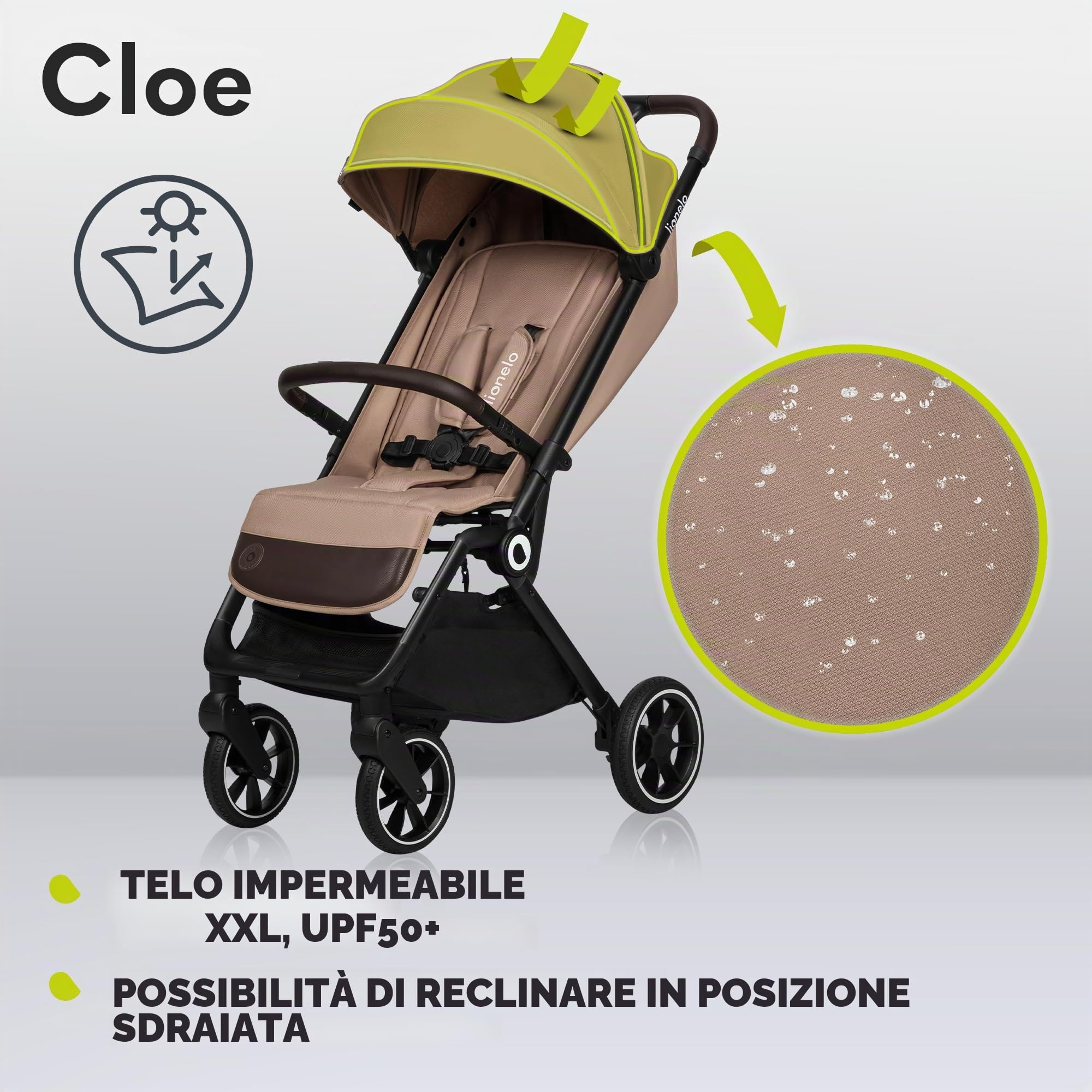 LIONELO Cloe Passeggino Leggero e Pieghevole per bambini da 6 a 48 Mesi | Passegino Compatto fino a 22 kg, Schienale Reclinabile, Posizione Distesa, Cinture a 5 Punti, Ruote XXL, Zanzariera
