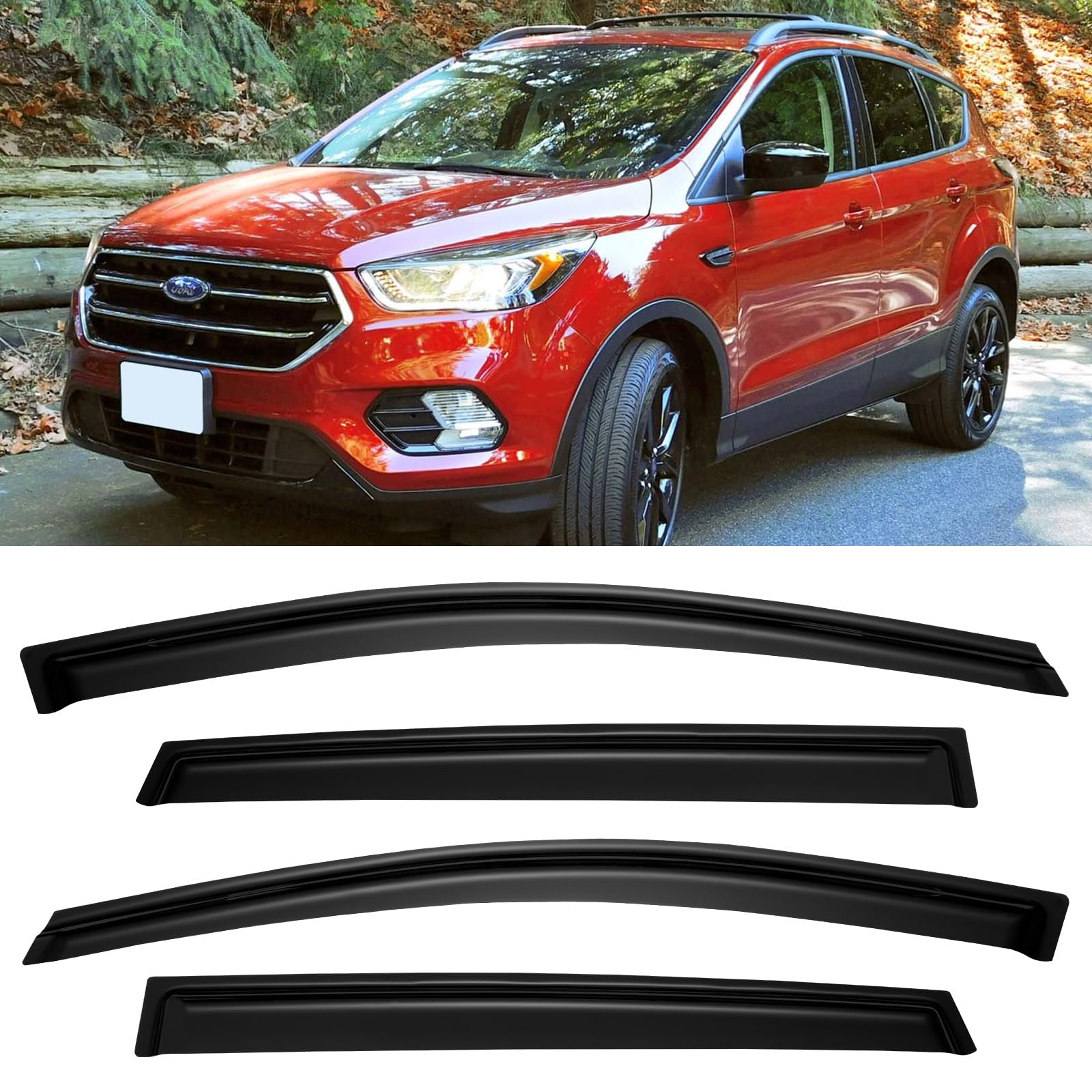 Rain Guards for 2013-2019 Ford Escape 2014 2015 2016 2017 2018 Window Visors Vent Guard Shade Deflector, Tape-On Dark Smoke, 4PCS
