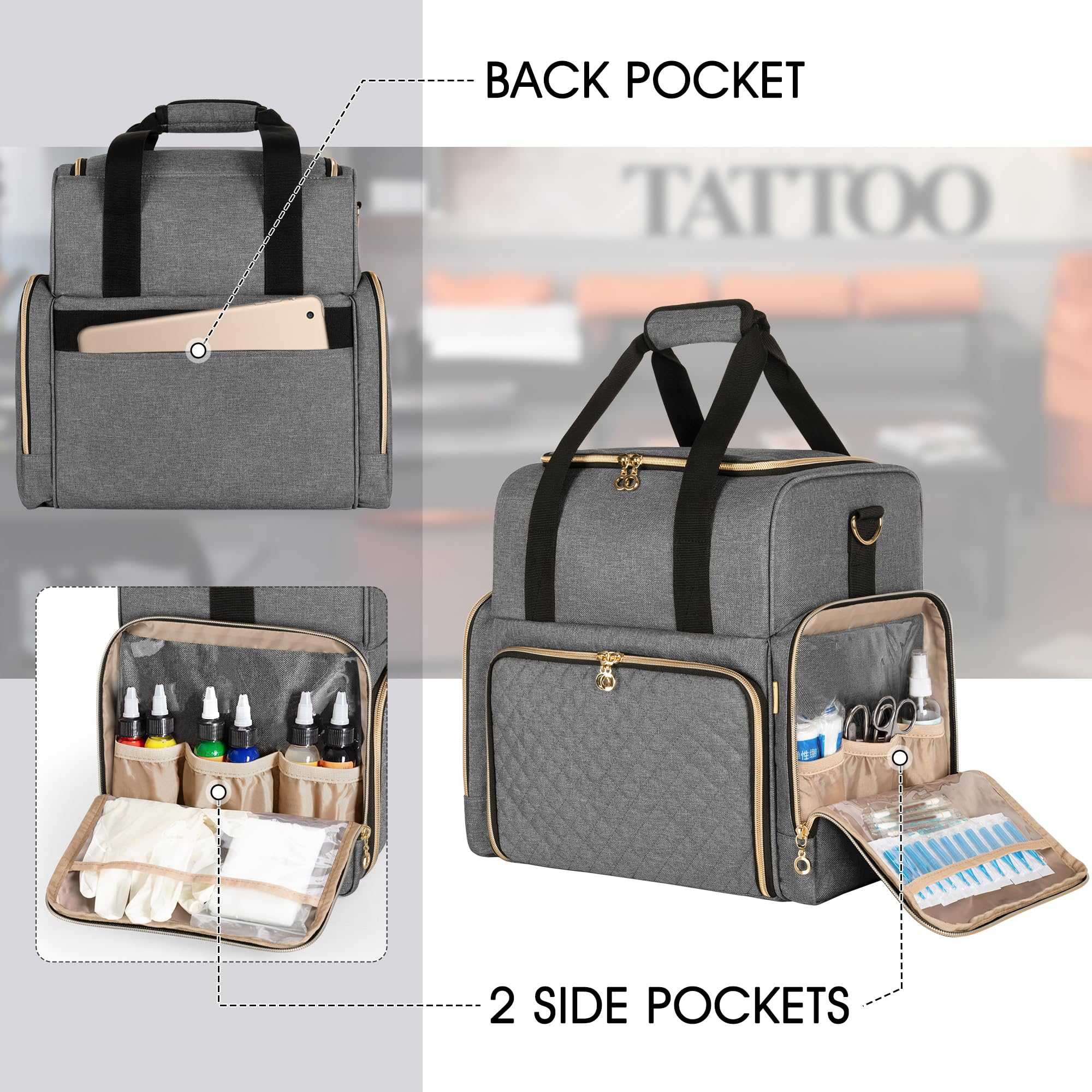 Luxja Large Tattoo Travel Case with 3 Removable Pouches, Tattoo Supplies Organiser for Tattoo Stencil Printer and Tattoo Kit Grey - Image 4