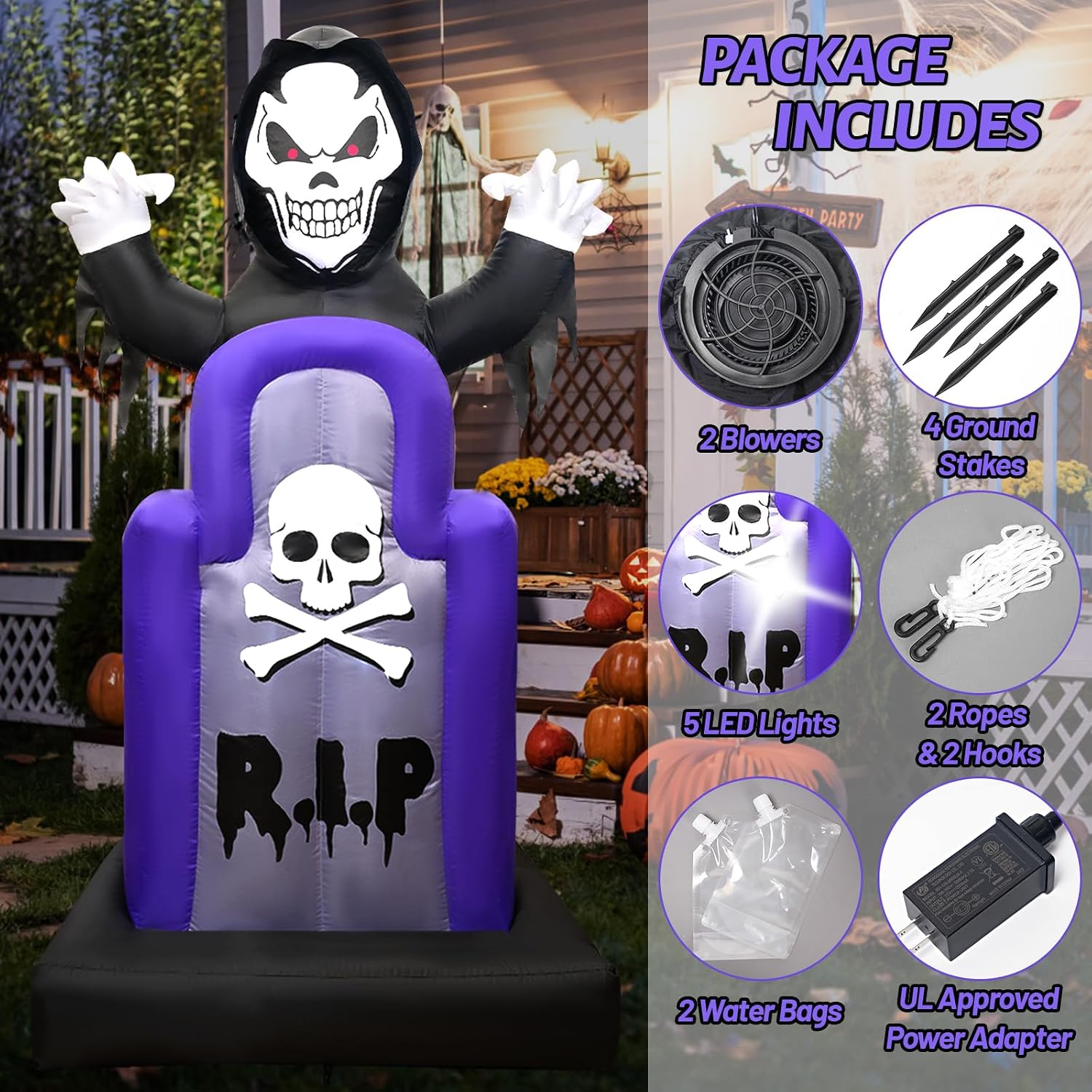 5.5FT Halloween Inflatable Decoration Outdoor Animated Tombstone Blow Ups Grim Reaper Pop Up Decor with Build-in LED Light Lighted Scary Ghost Blowups for Holiday Party Yard Garden Lawn Outside Indoor image 4