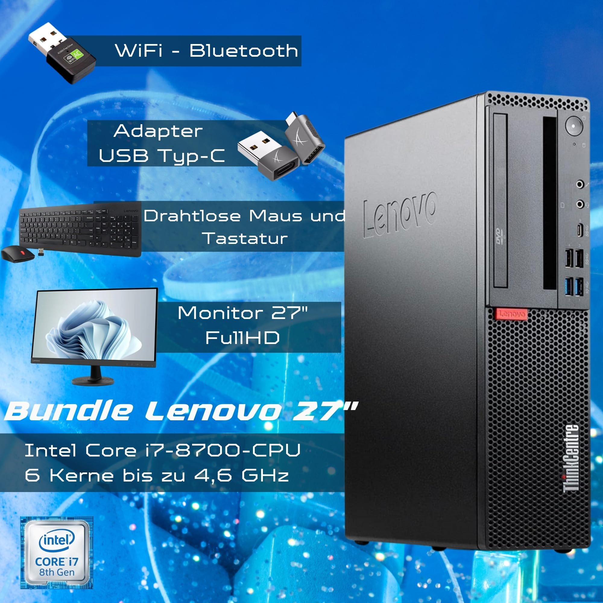 Lenovo Complete PC Professional Office i7 8700 bis zu 4,6 GHz – Monitor 27 Zoll FHD 32 GB RAM 1 Tera SSD – Maus- und Tastatur-Kit italienisches Layout – Win 11 Pro Office 2021 Pro Garantie 36 Monate