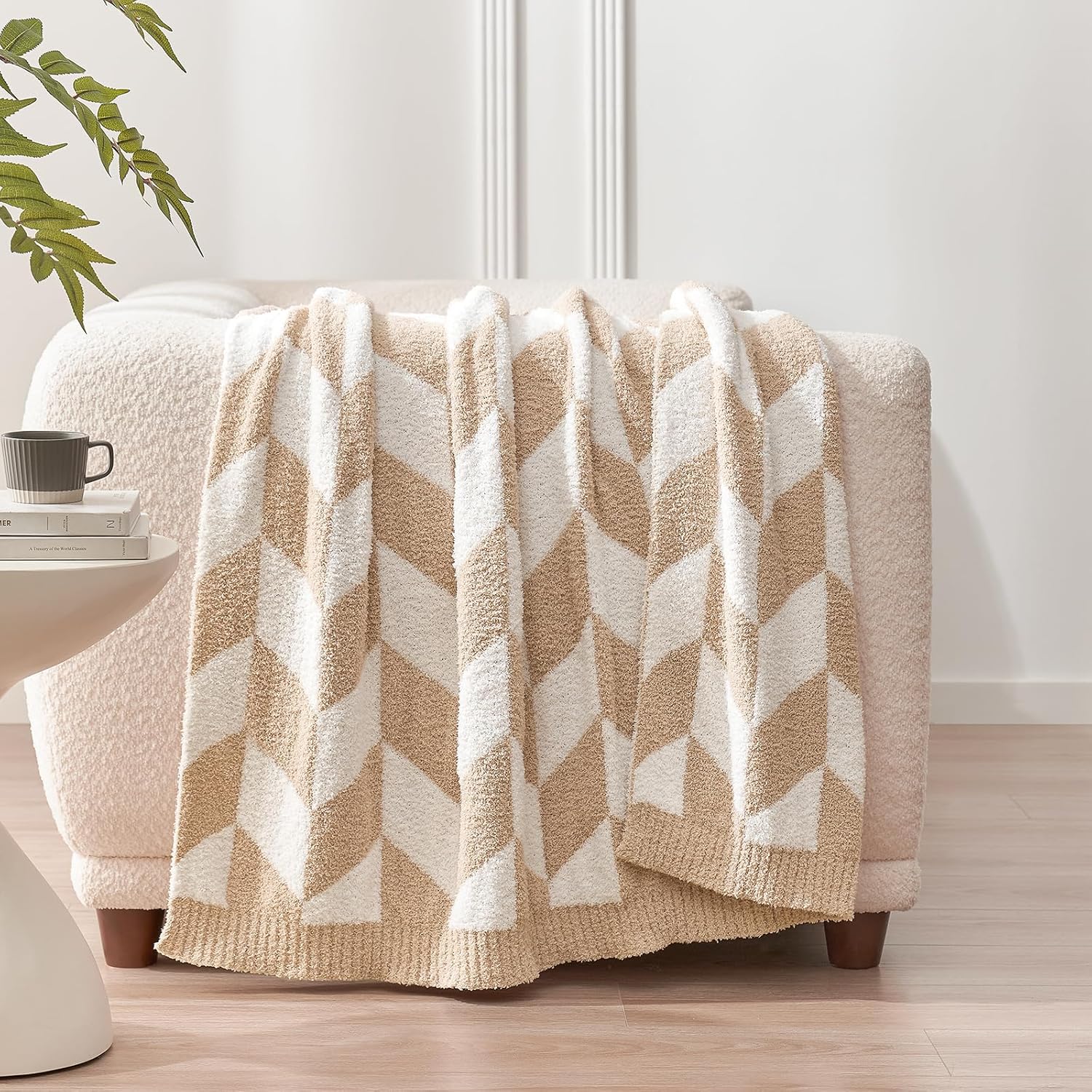 Snuggle Sac Beige Twin Size Blankets for Bed, Super Soft Warm Blankets Oversized Cozy Knit Fuzzy Blanket for Living Room, Chevron Beige,60x80 inches - Image 6