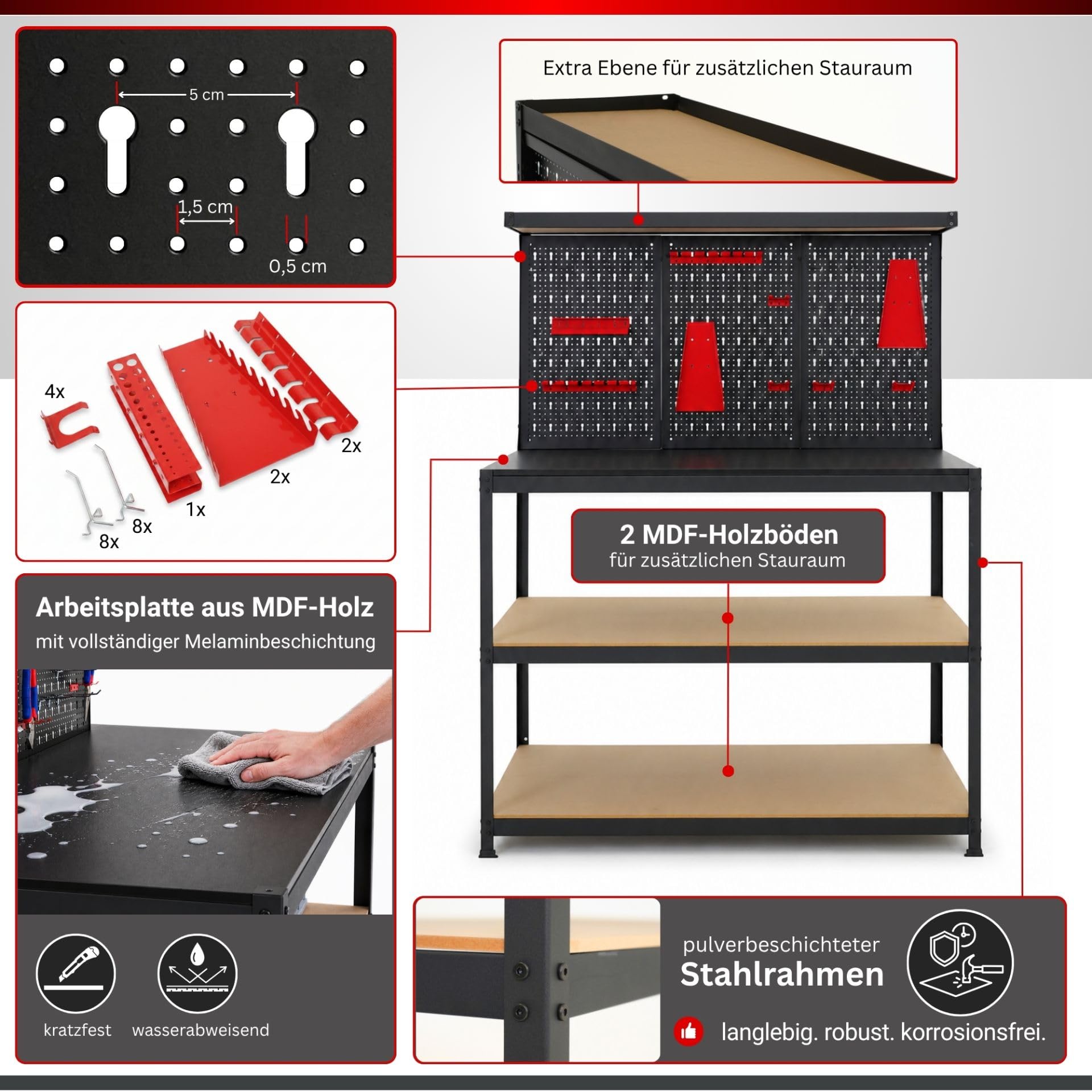 PROREGAL Profi Werkbank ARES mit Werkzeug Lochwand für Werkstatt 155x120x60cm Fachlast 150kg inkl. Werkzeughalter Schwarz Werktisch mit Lochplatte Werkzeugbank Arbeitstisch mit Werkzeugwand Werktisch