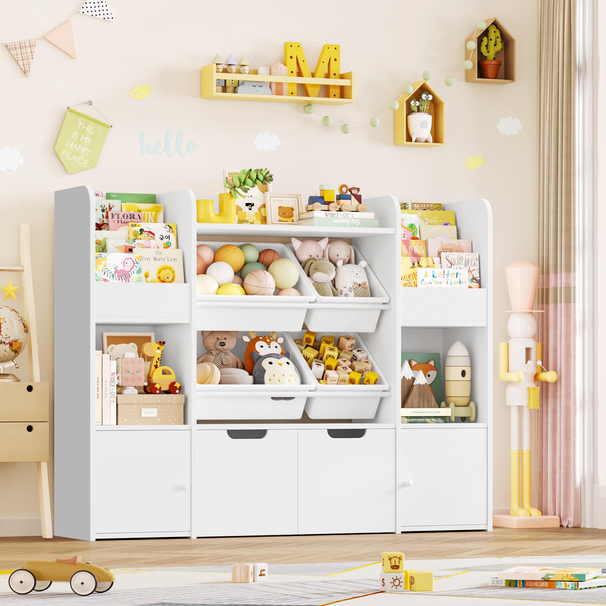 FOREHILL Kinderrek met boekenkast kinderkamer meubels van hout boekenkast voor kinderen met opbergdoos kinderkast met 2 speelgoedkisten op wielen 122 x 30 x 100 cm