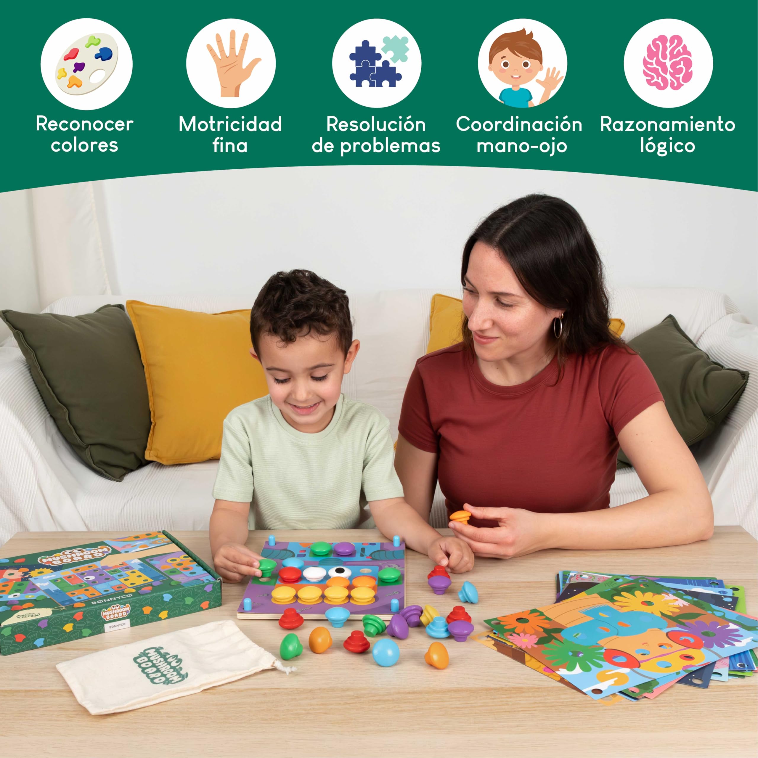 BONNYCO Puzzle de Madera con 50 Plantillas y 32 Botones. Mosaico Infantil para Motricidad Fina, Rompecabezas y Juguetes Niños 2 Años, Juegos Educativos Montessori y Regalos de Cumpleaños