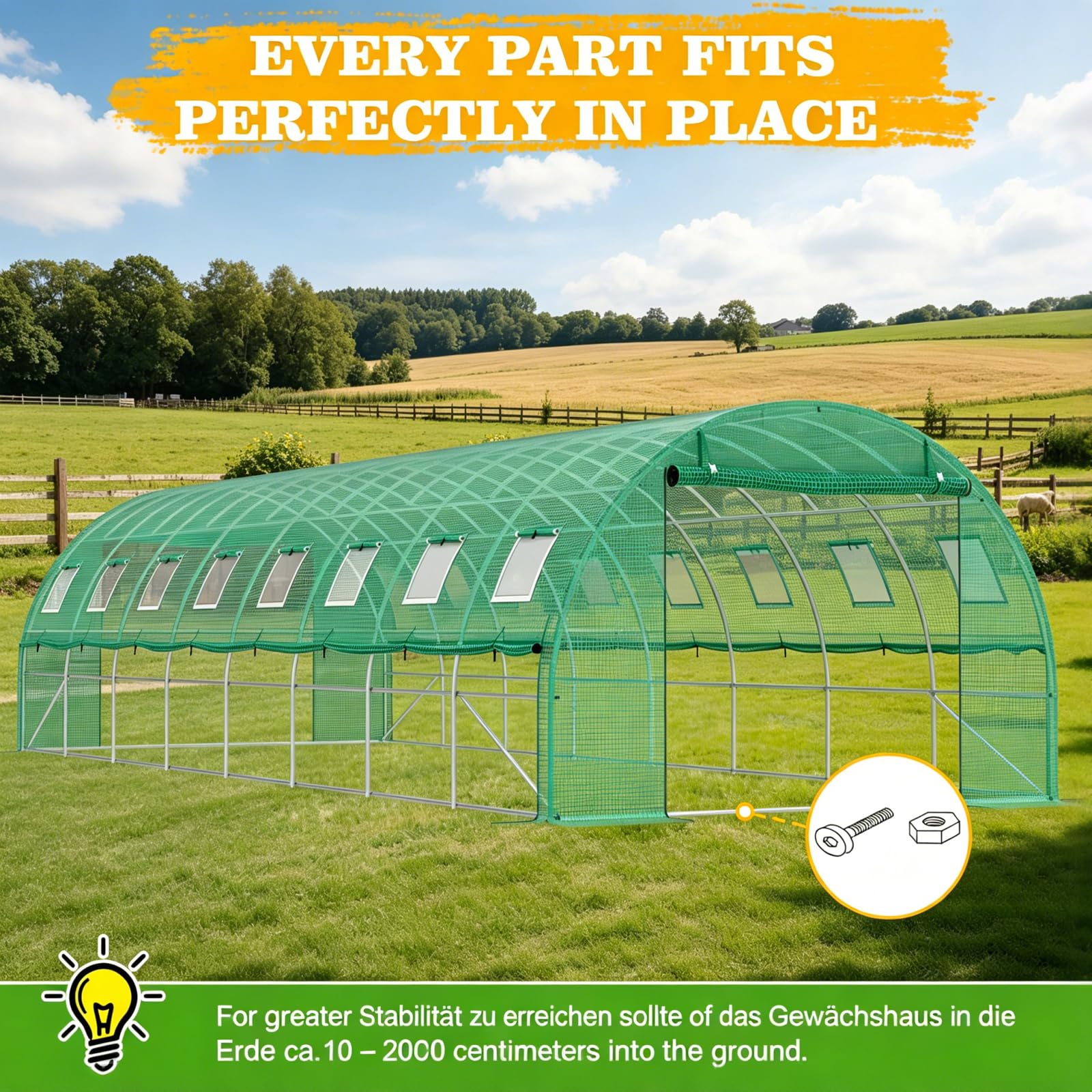 Gewächshaus 3x8x2m(24 m²), Groß Foliengewächshaus mit verzinktem Stahlrahmen, Folientunnel Tomatenhaus Treibhaus mit 16 Fenstern Frostwächter Winterfest Stabil für Garten Balkon, Grün