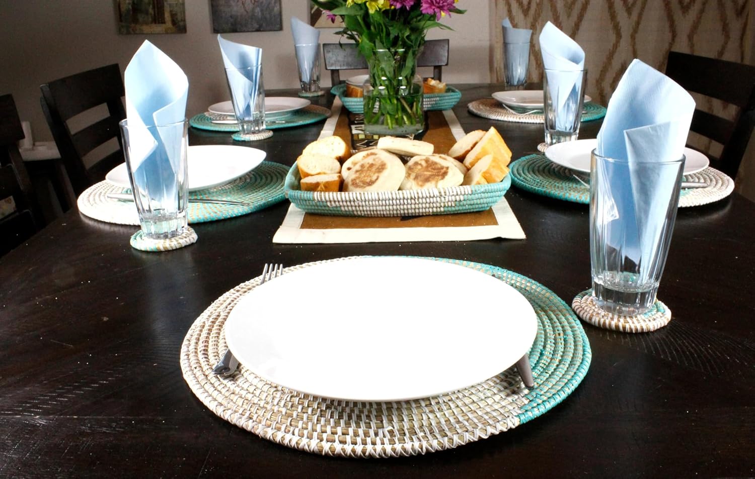 Handmade Blue & White Senegal Bread Basket: Woven Decorative Basket