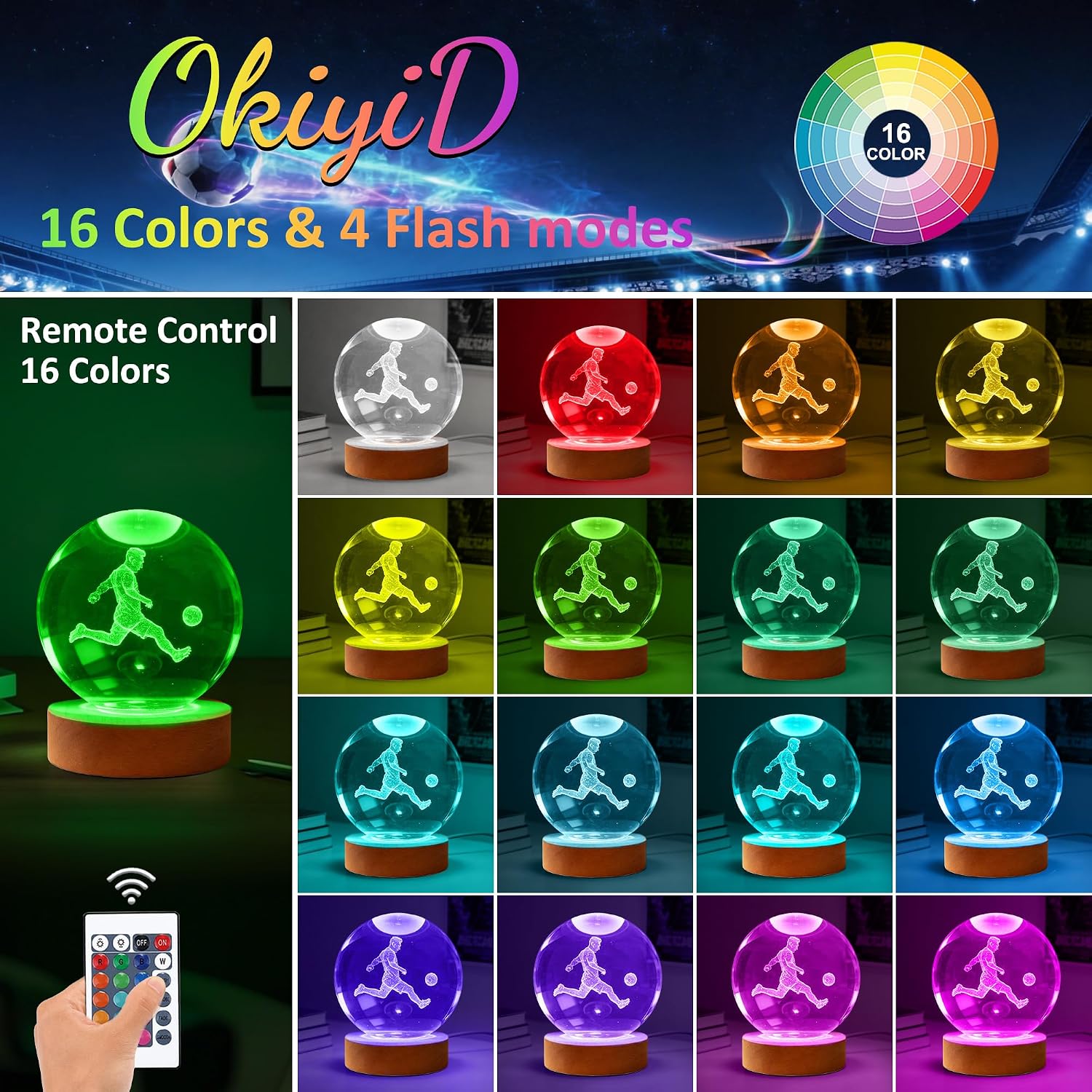 OkiyiD Soccer Night Light, Soccer Ball Crystal Ball 3.15 Inch (80mm) Lamp with 16 Colors, Soccer Gifts for Men Boys Birthday Xmas, Room Decor Club Accessories Ornaments
