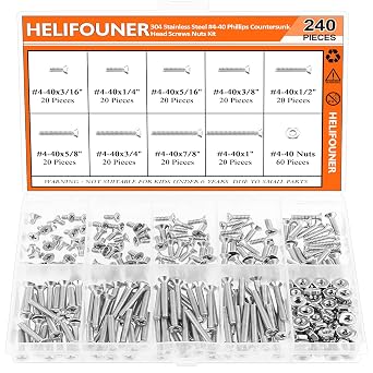 HELIFOUNER 240 Pieces #4-40 Phillips Countersunk Head Machine Screws Nuts Assortment Kit, Coarse Thread, Fully Machine Threaded, 304 Stainless Steel