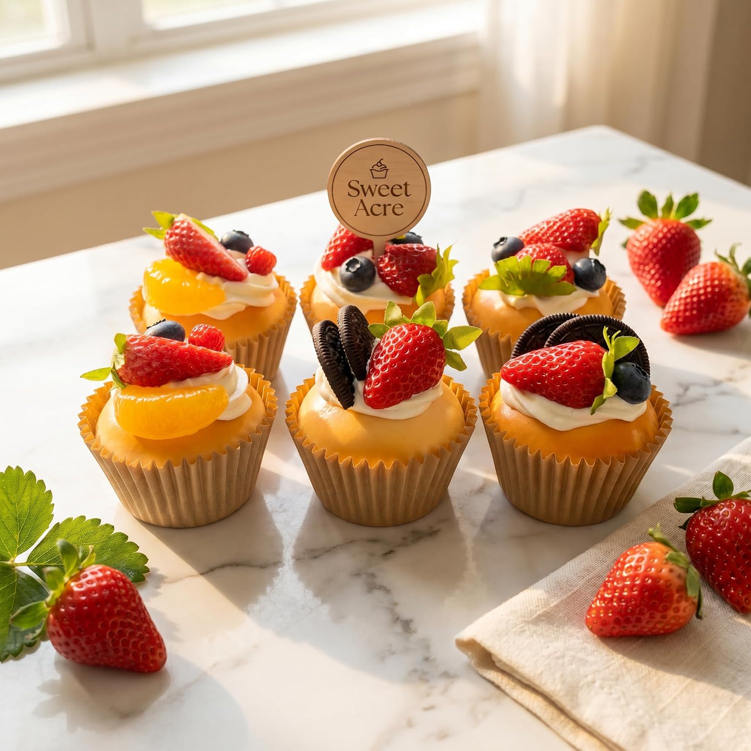 6 Pcs Artificial Cupcake with Strawberries, Faux Realistic Bakery Dessert Model, Fake Simulation Food Prop for Home Kitchen Bakery Shop Display, Photography Decoration