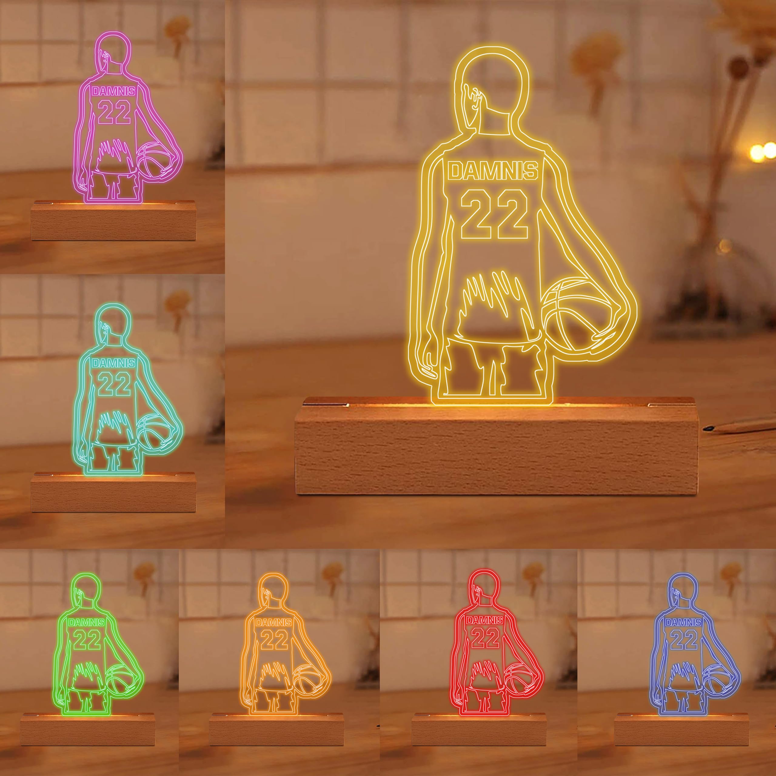 Collienght Personalized Basketball Player Name Number Acrylic Lamp Basketball Sports Night Light Basketball Illusion LED Lamp Bedroom Sports Decor Lamp for Kids Boy Men Basketball Lover Fans Coach