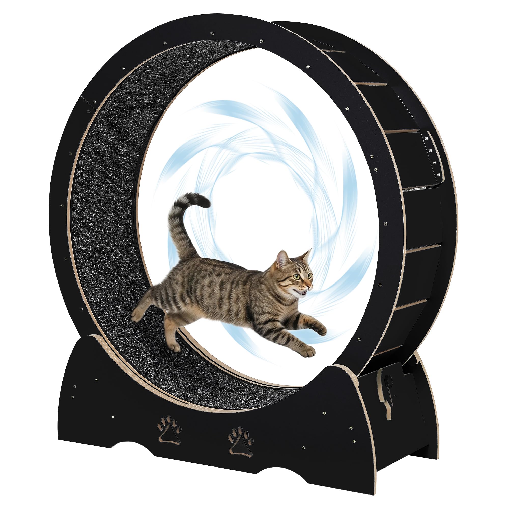 43.3” Cat Exercise Wheel, Wooden Cat Running Treadmill with Carpeted Runway for Indoor Cats, Low Noise Removable Carpet Cat Wheel for Kitty Running Walking Training