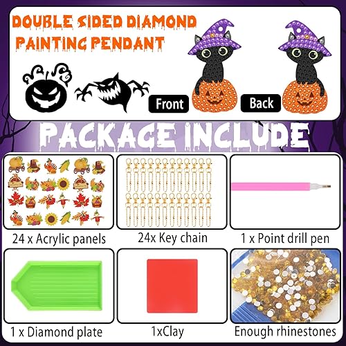 Miniatura 5 de Outus 24 piezas de Halloween 5D calabaza fantasma bruja sombrero DIY diamante pintura llaveros decorativos doble cara diamante llavero kit niños
